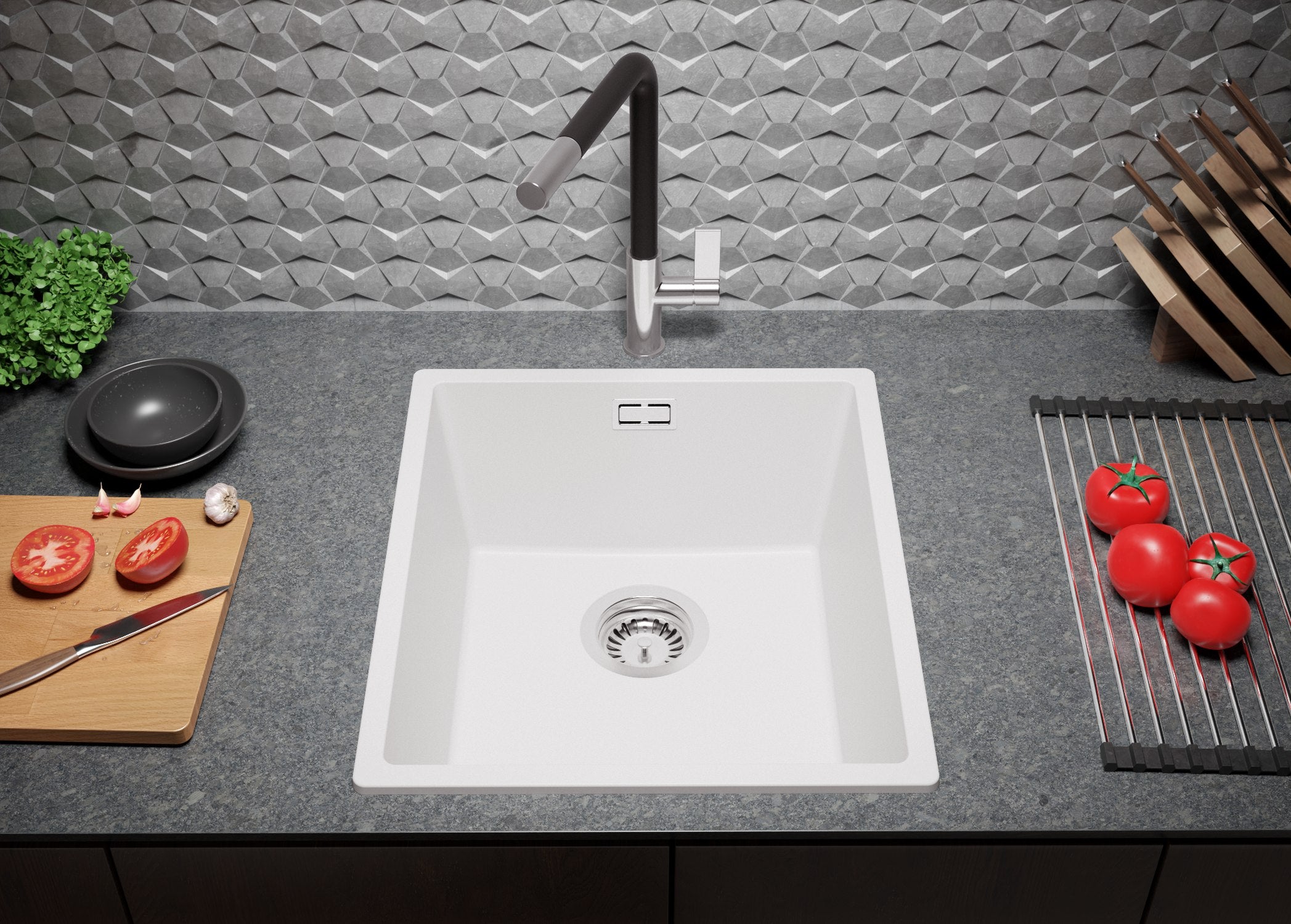 Lavandino da Cucina Bianco 41x47cm, Lavello in Granito a 1 vasca + Sifone Classico + Accessori, Lavabo da Cucina Incasso al mobile 45cm PRIMAGRAN - 3