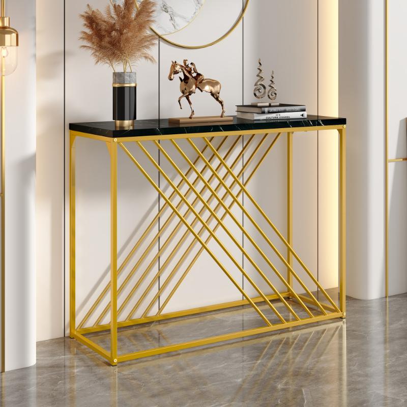 Czarna konsola ze złotymi nogami, wysoki połysk MDF, retro design, wielofunkcyjna, 100x35x77 cm
