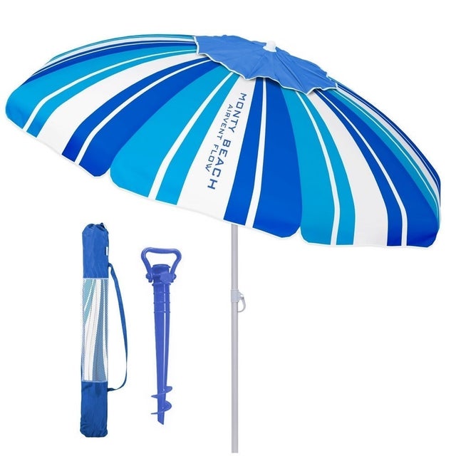 Sombrilla playa 180 cm y soporte arena, protección UV+50, Azul a rayas MONTY