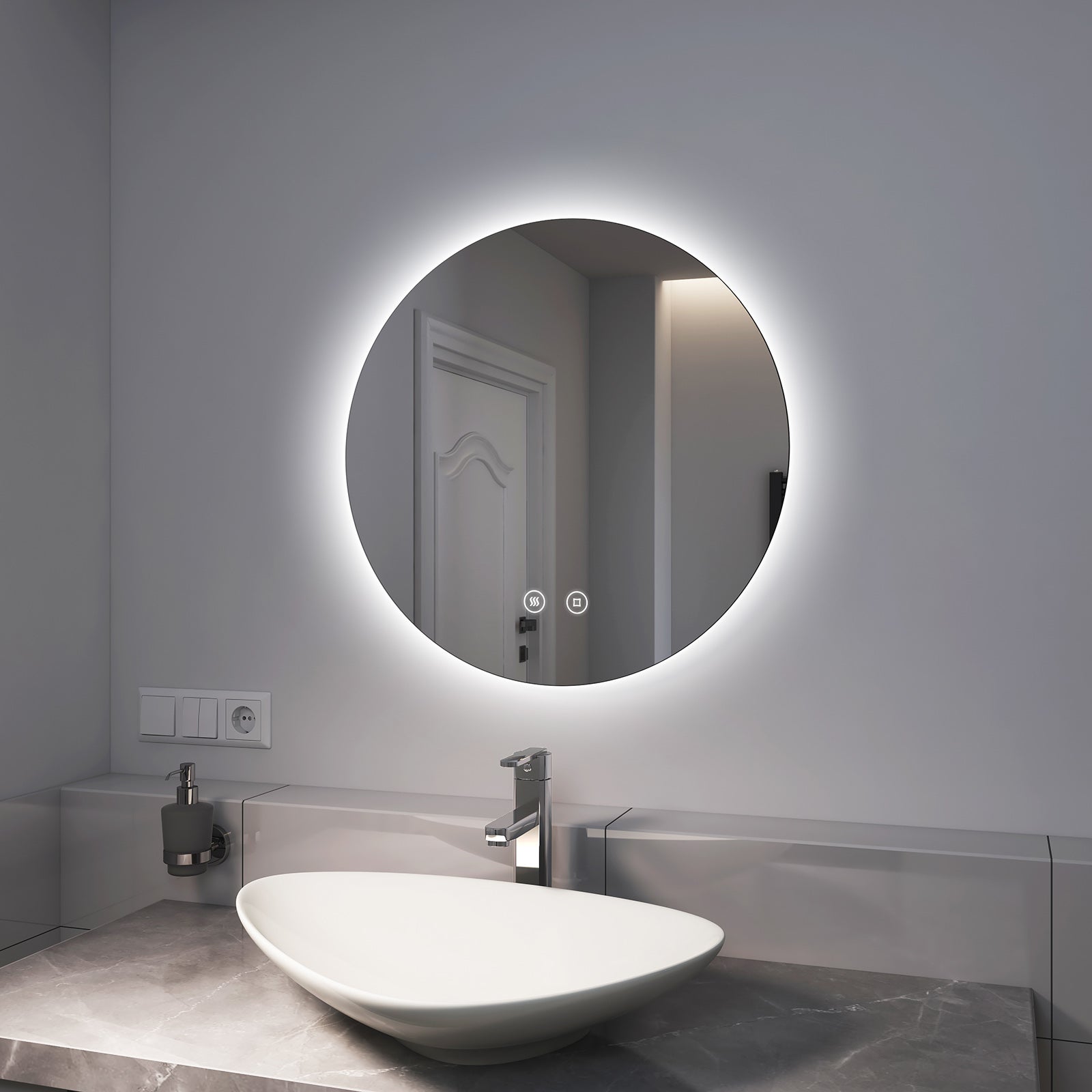 EMKE Okrągłe Lustro łazienkowe z oświetleniem LED 60 cm, z 6500K, możliwość ściemniania, przeciwmgielne, funkcja pamięci, IP44