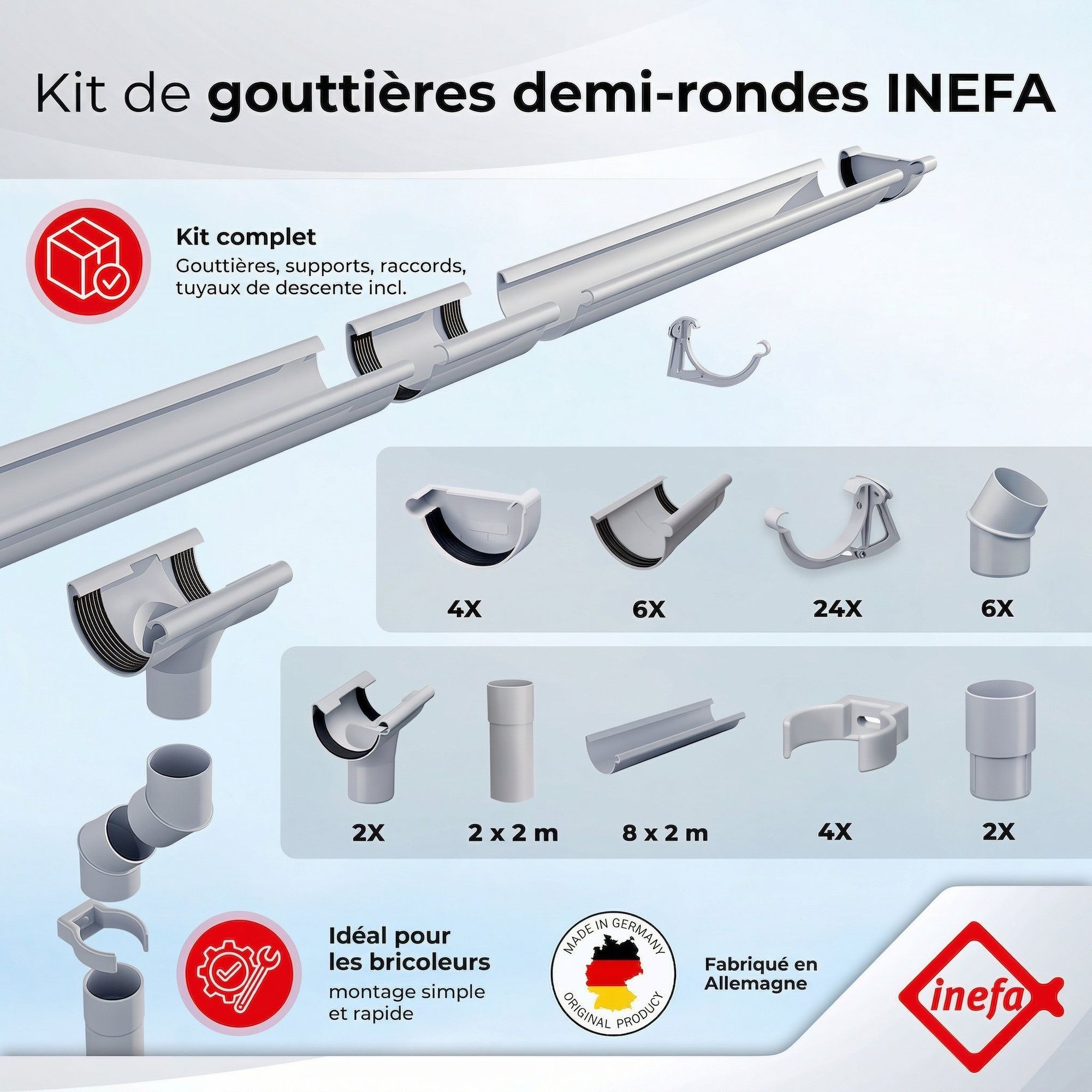 Kit gouttière PVC-U demi-ronde NW100 2x8 m gris, gouttière 16 m, descentes 2x2 m, abri, auvent, carport INEFA - 2