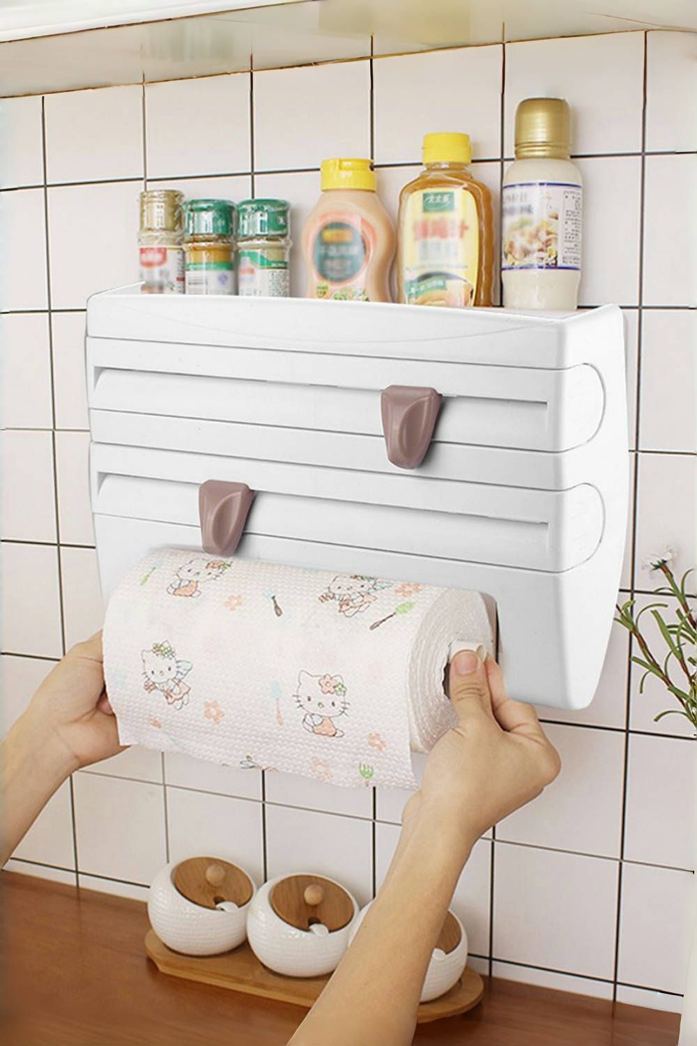 Distributeur De Film Alimentaire 6 En 1 Avec Cutter - Porte-Sacs Et Porte-Rouleau Mural Blanc