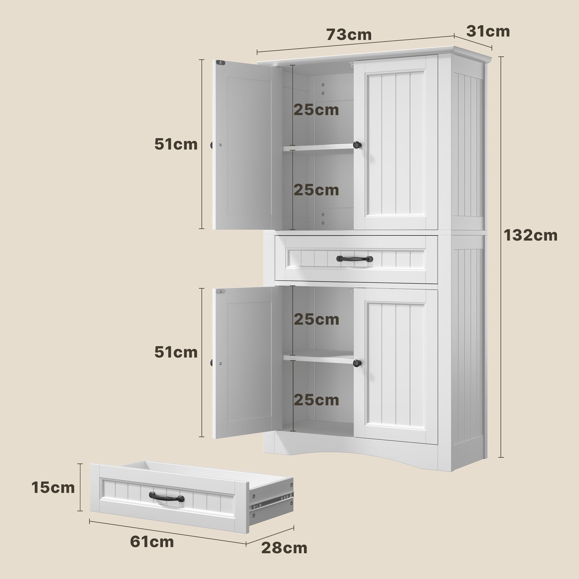 Mobile bagno con 1 cassetto 4 ante ripiano regolabile bianco 73 x 31 x 132 cm Bealife - 3
