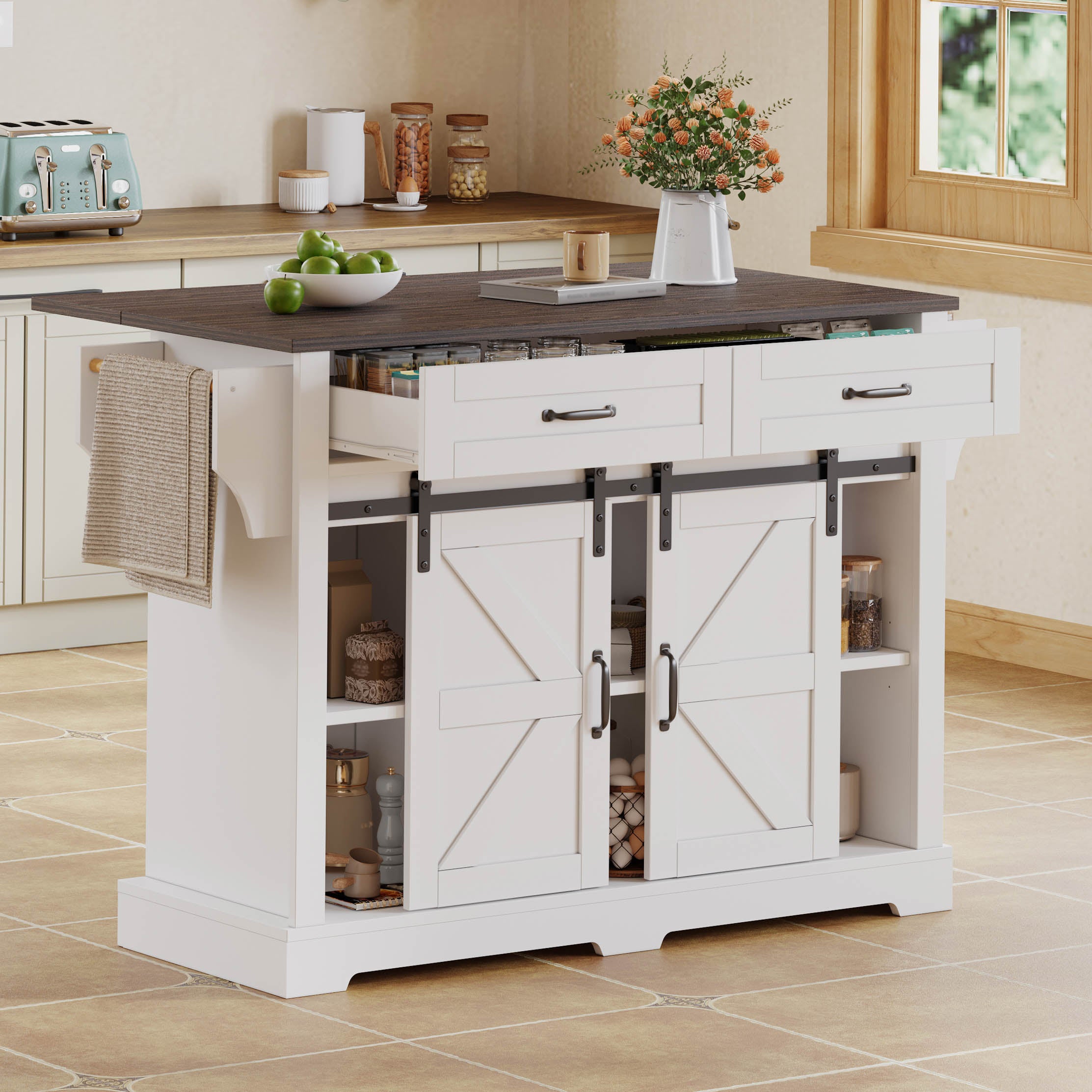 Mobilna i rozkładana wyspa kuchenna z 2 drzwiami przesuwnymi i 2 szufladami - 120 x 45/70 x 91 cm - MDF - Biała - 7