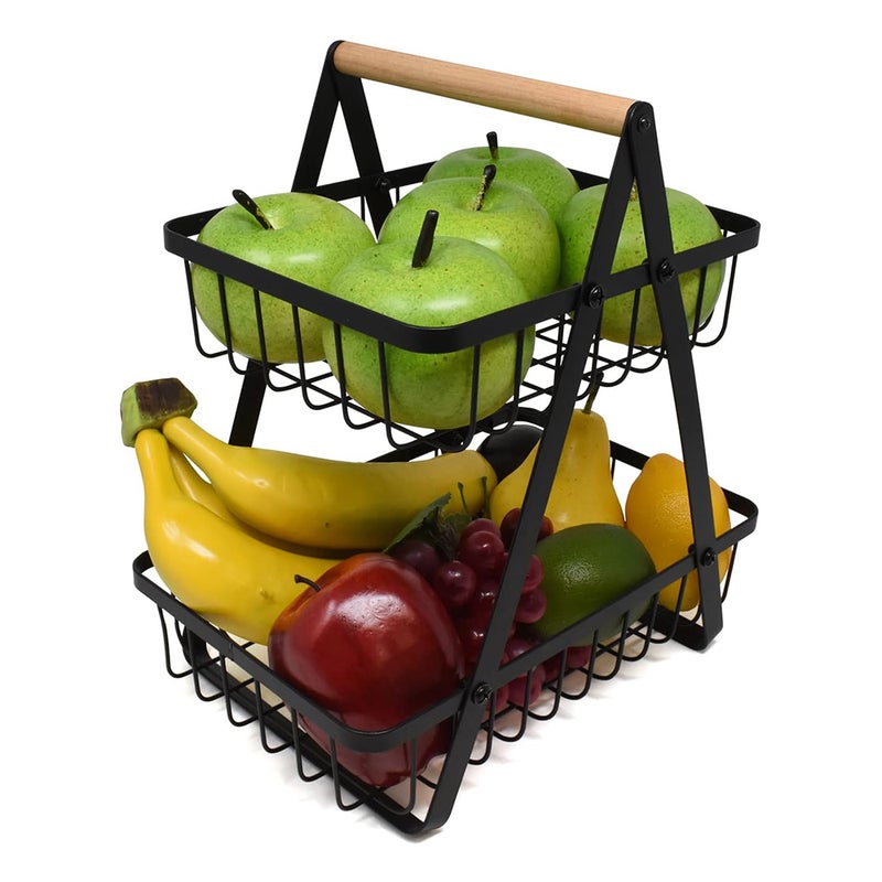 Dwupoziomowy koszyk na owoce, druciany kosz do przechowywania, stojak na owoce, koszyk na pieczywo, czarny koszyk na przekąski
