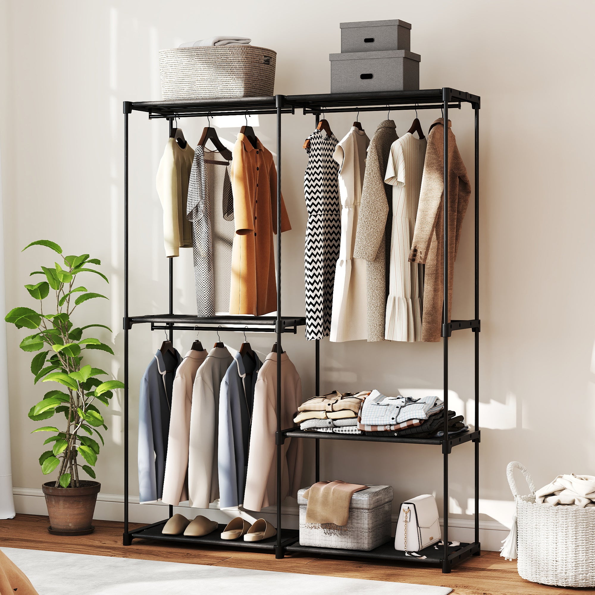 Tragbarer Kleiderständer,Metallrahmen,Stoffregale,viel Platz,Schwarz - 6