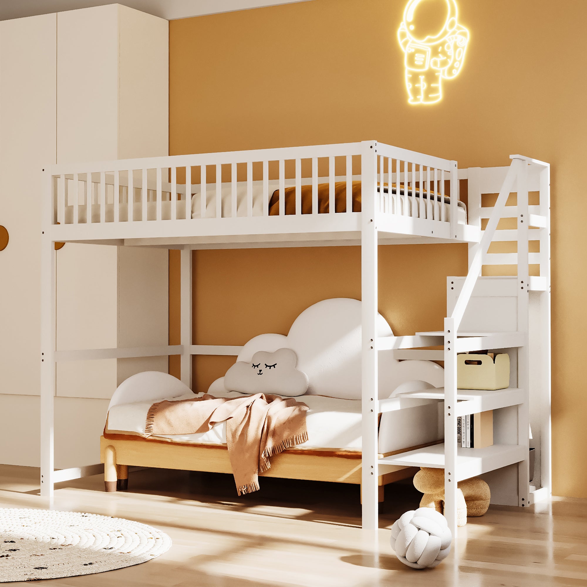 Pack Lit Mezzanine Avec Escalier, Bureau Et Matelas Alex Blanc Et Bois 90x190 Cm