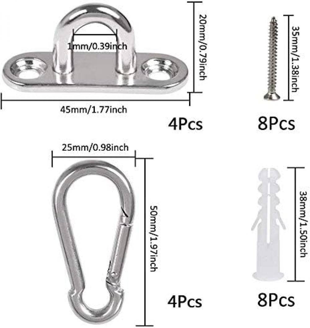 Lot 4 Plaques à œillets Inox M6 Et 4 Mousquetons – Fixation Suspendue Pour Plafond, Auvent, Camping, Charge Lourde, Noir