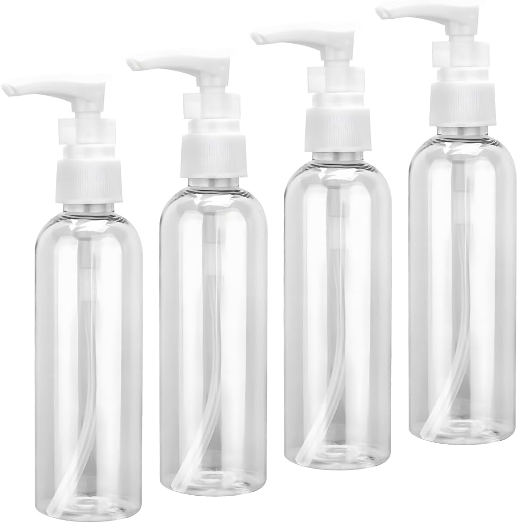 Zestaw 4 pustych butelek z pompką, 100 ml przezroczystych butelek podróżnych, plastikowa butelka z pompką, dozownik do balsamu do makijażu, balsamu