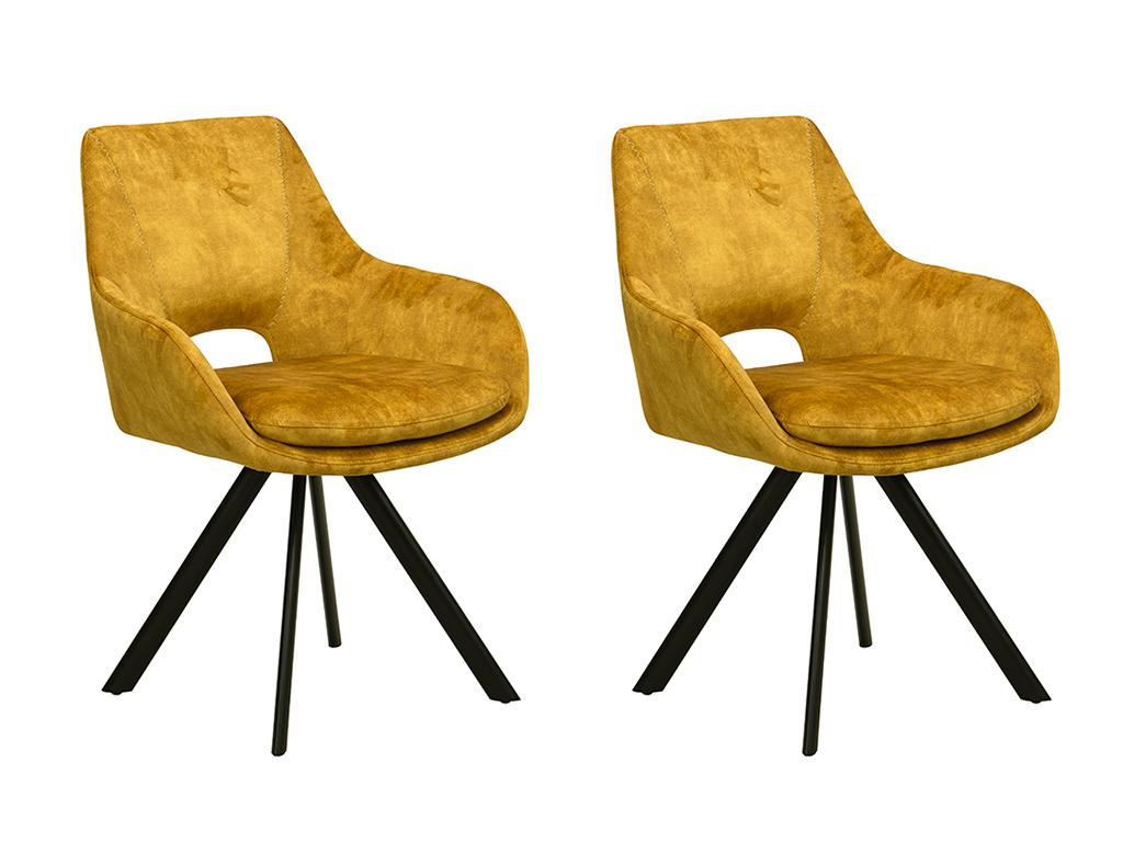Lot de 2 chaises avec accoudoirs - Velours et métal noir - Jaune ...