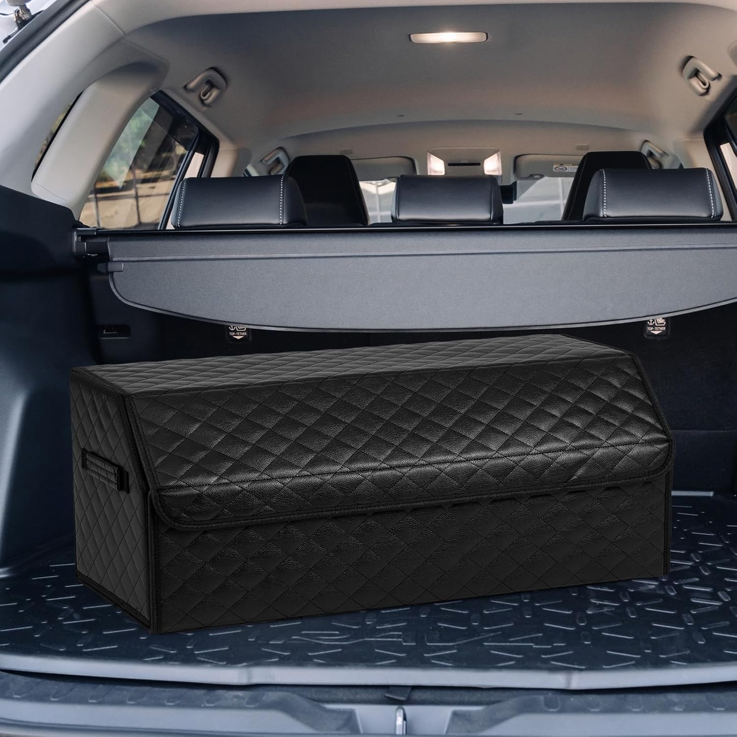 51 L Rangement Coffre de Voiture avec Couvercle, Séparateur Amovible, Organiseur de Coffre de Voiture Pliable en Cuir avec Poignées,Camping et Maison - 5