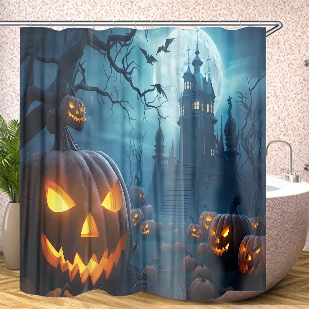 Halloweenowa zasłona prysznicowa, zamek, nietoperze, zło. Zasłona prysznicowa z dynią na Halloween, 180 x 220 cm