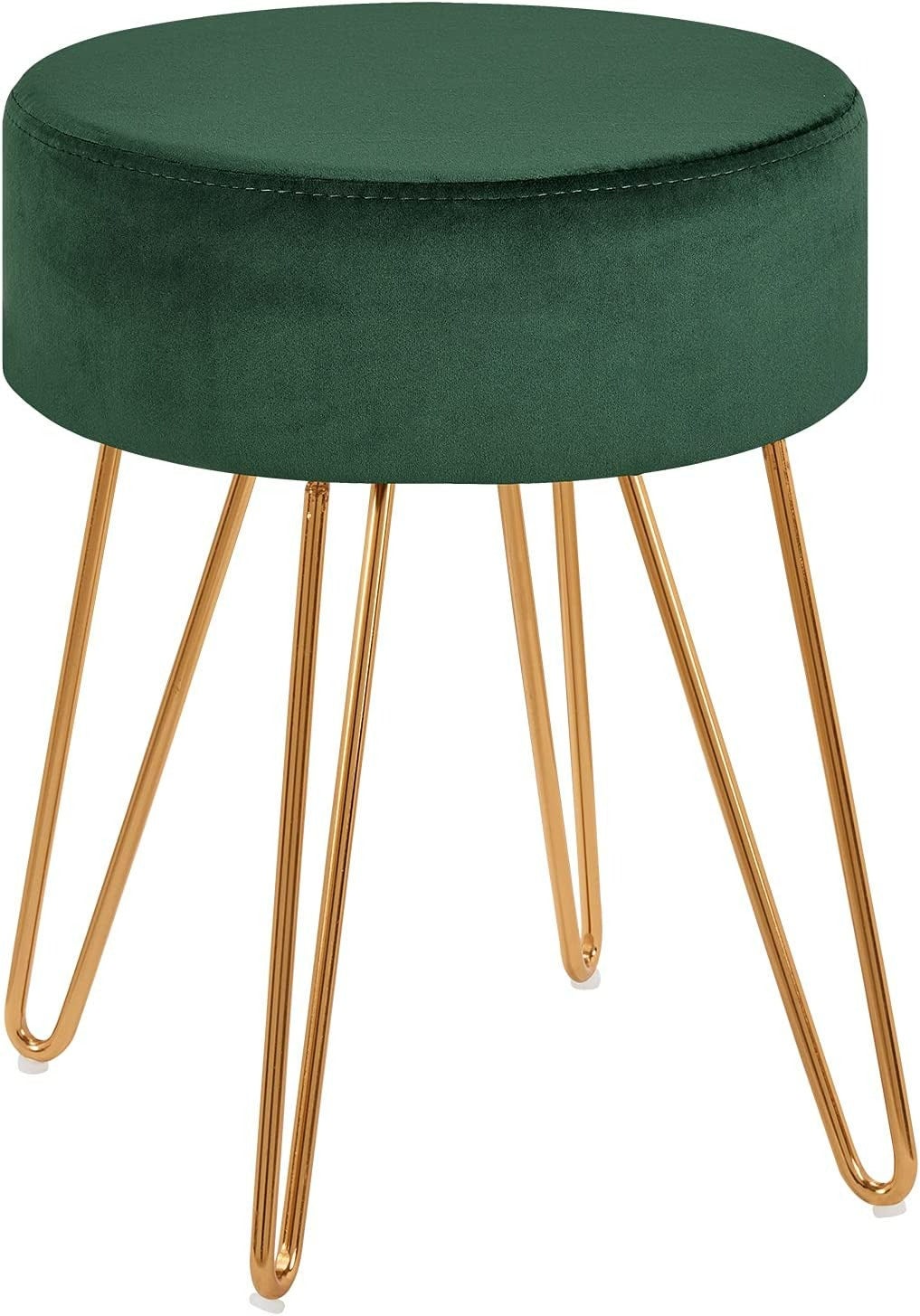 Sgabello in tessuto di velluto verde con gambe in metallo oro