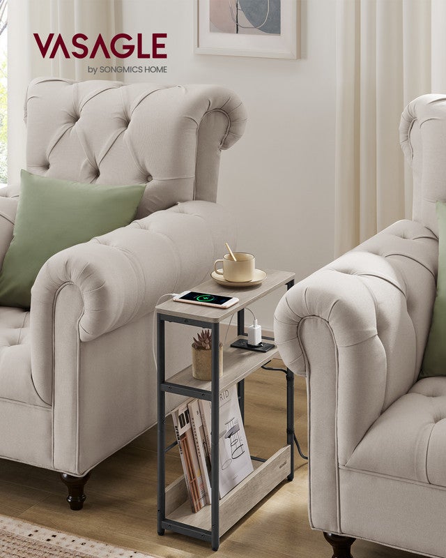 Table d'Appoint Fine avec Multiprise, Table de Chevet à 3 Niveaux, Bout de Canapé, pour Petits Espaces, Grège Chiné et Noir d'Encre - 2