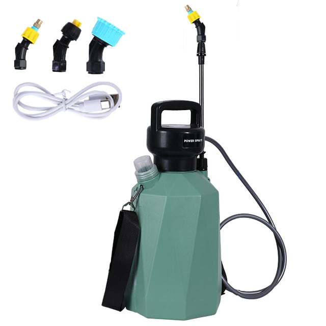 Spruzzatore da giardino elettrico da 5 litri, 7,4 V alimentato a batteria con impugnatura ricaricabile, bacchetta telescopica, 3 ugelli nebulizzatori