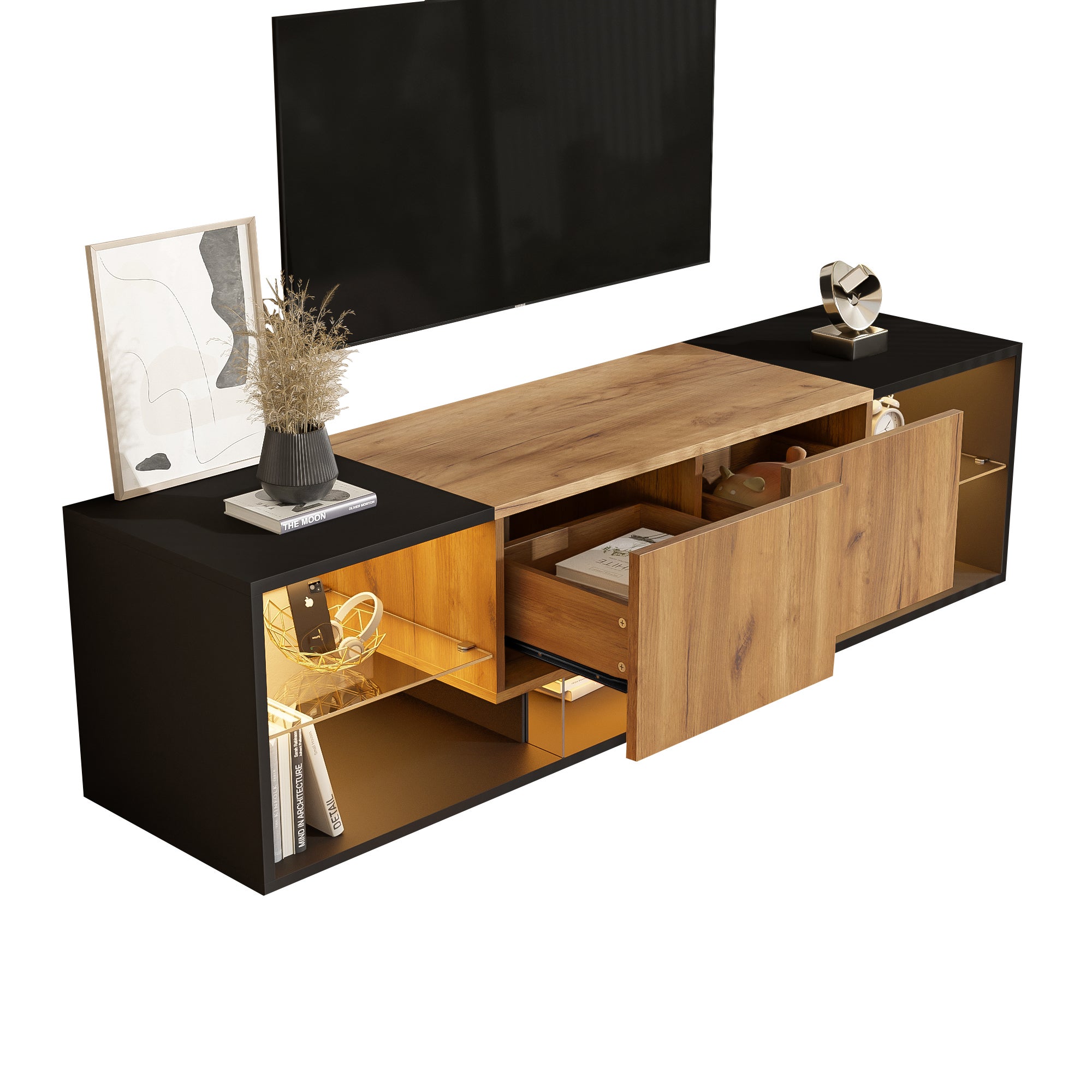 Meble pod TV 160x40x42 cm - z 2 szufladami - Szklane półki - z oświetleniem LED - Płyty wiórowe - Czarny - 8