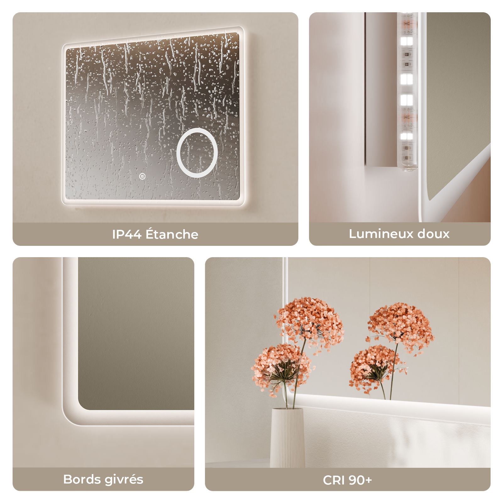 S'AFIELINA Specchio da bagno a LED con illuminazione 60 x 80 cm a ingrandimento 3x, con interruttore a sfioramento, antiappannamento, 3000/4000/6500K - 7