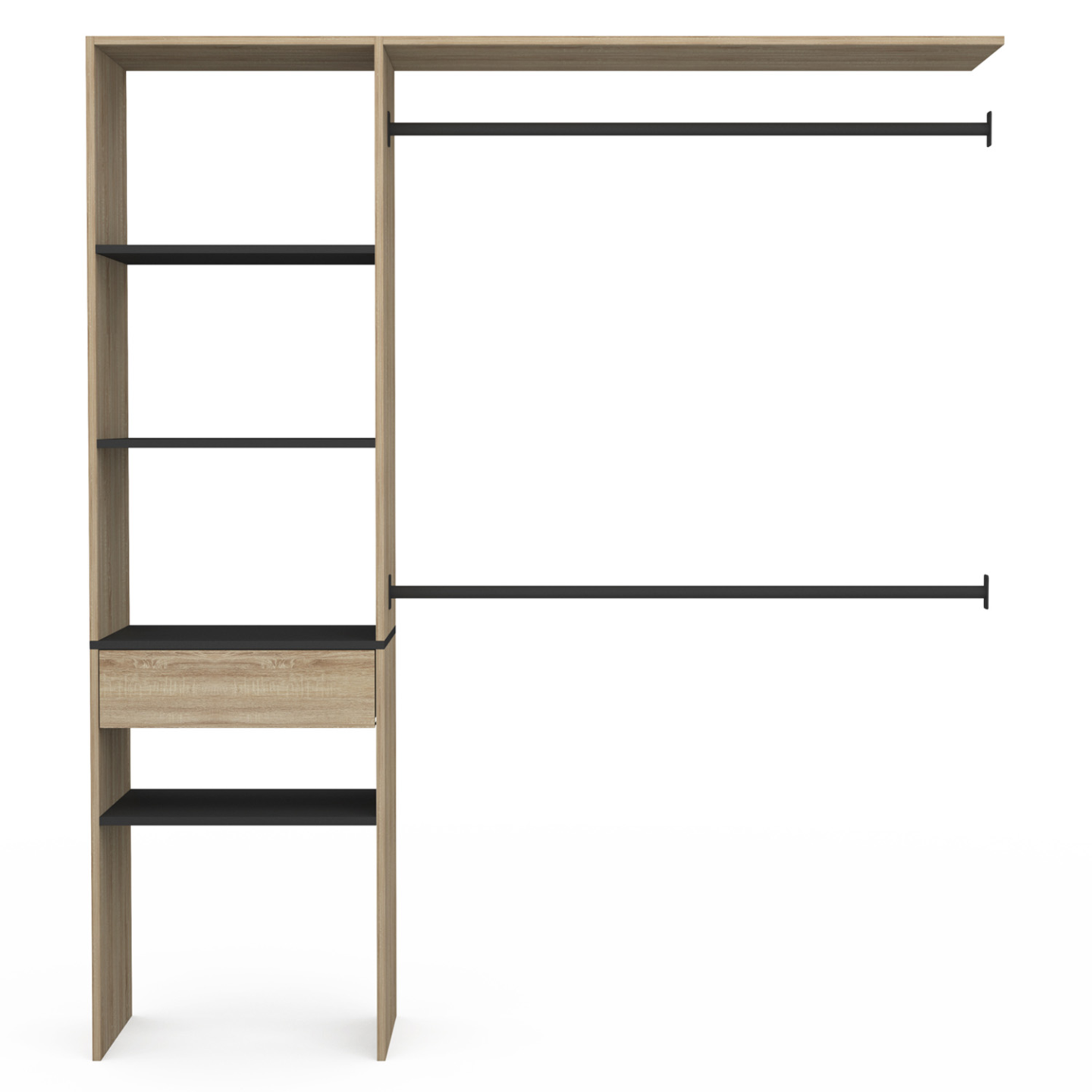 Kit dressing MELINE 160 x 40 x 180 cm hêtre avec étagères noires + tiroir + double penderie - 3