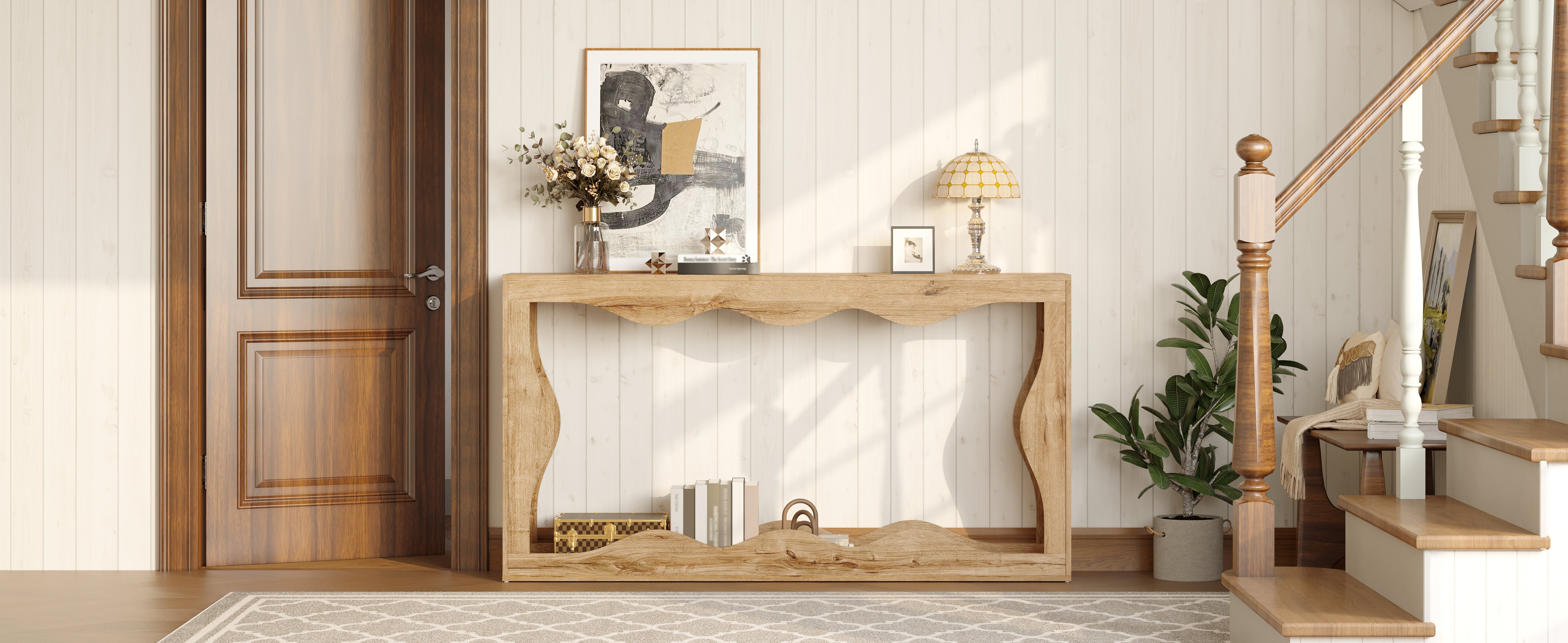 Table console à 2 niveaux avec design ondulé - 160,5 x 30 x 86,5 cm - Panneaux de particules - Structure ajourée effet bois - Naturel - 7