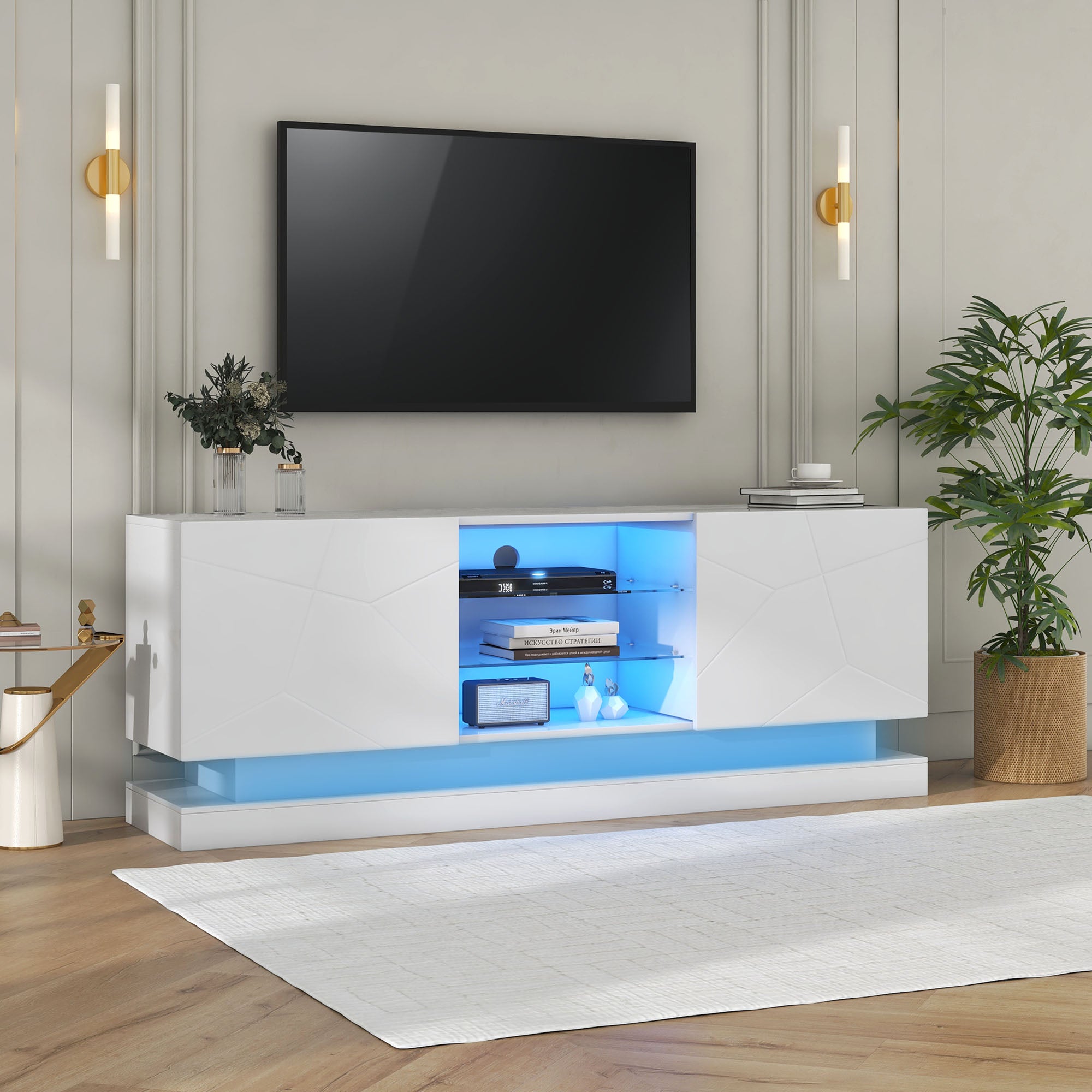 Stilvora  Mueble De Tv 160X38,5X60cm Con 2 Puertas/Estantes De Cristal Regulables, Tablero De Partículas, Blanco , Leroy Merlin