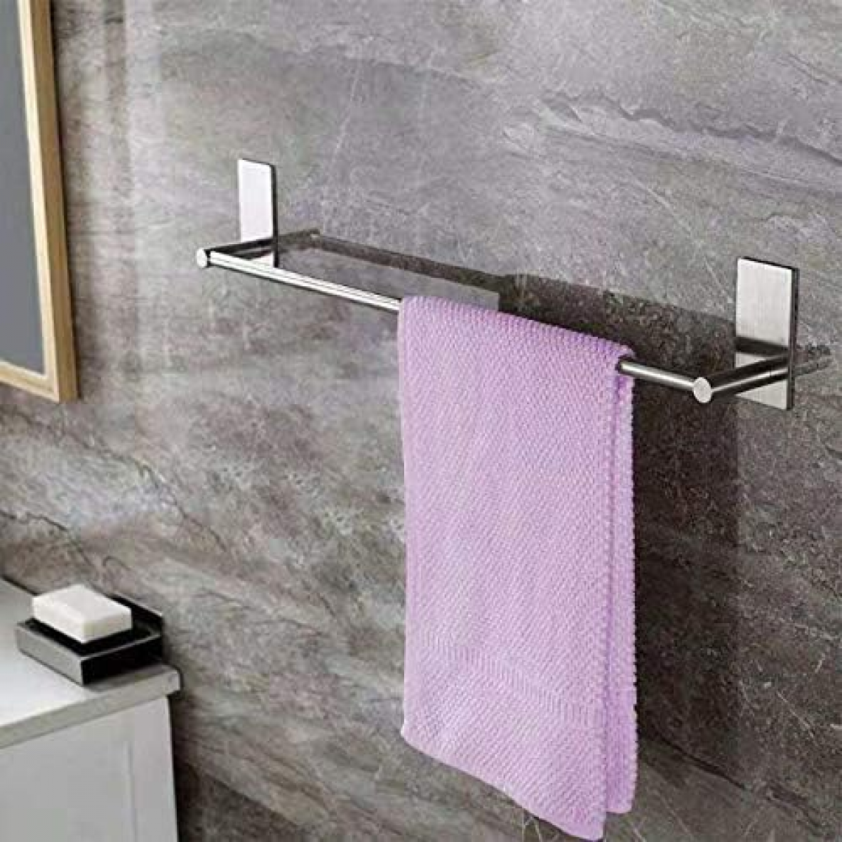 Toallero autoadhesivo para baño o cocina en acero inoxidable, acabado cepillado, 40 cm