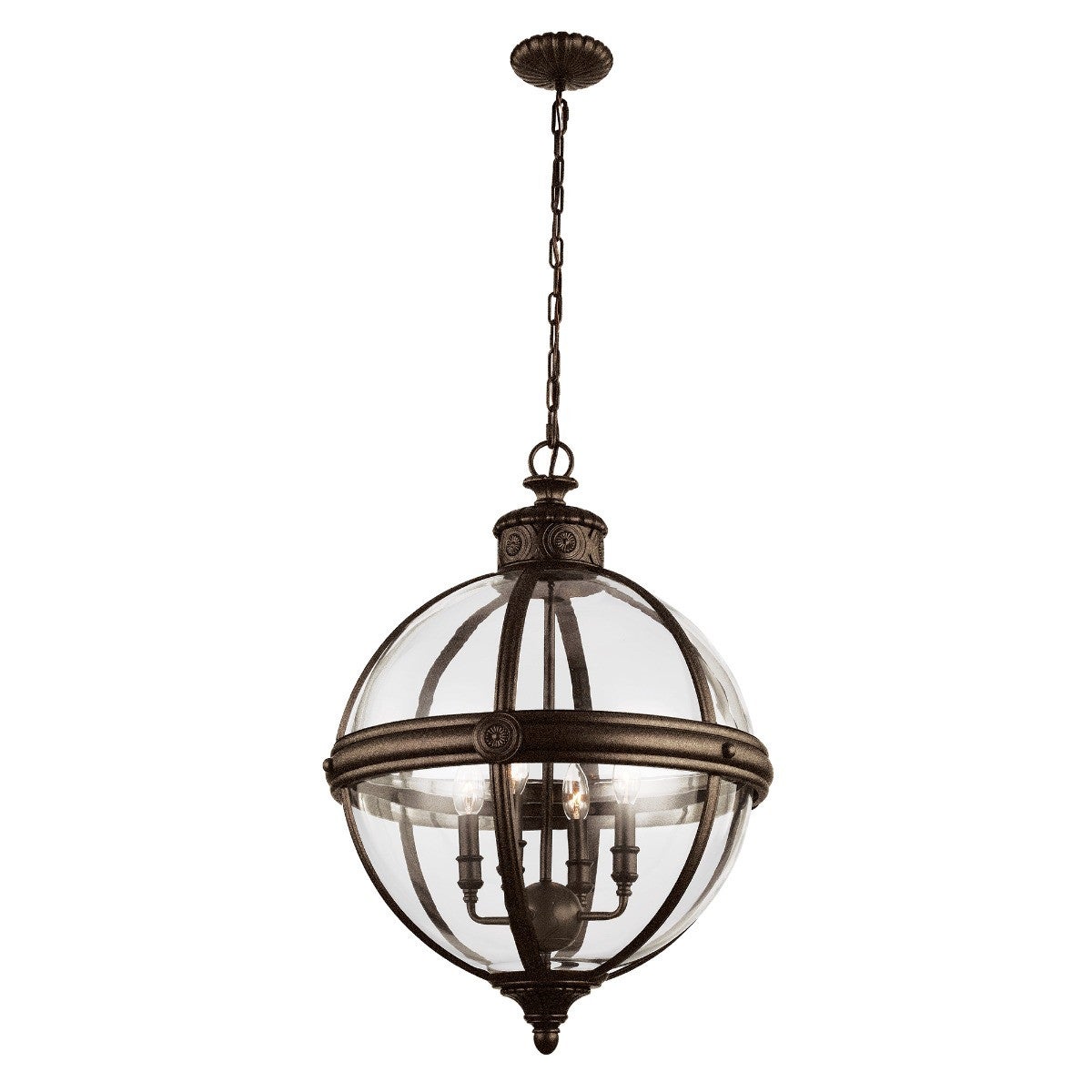 Lustră suspendată Feiss Adams sferică, bronz britanic, metal și sticlă, 4xE14, 60W, 49,8 cm, IP20