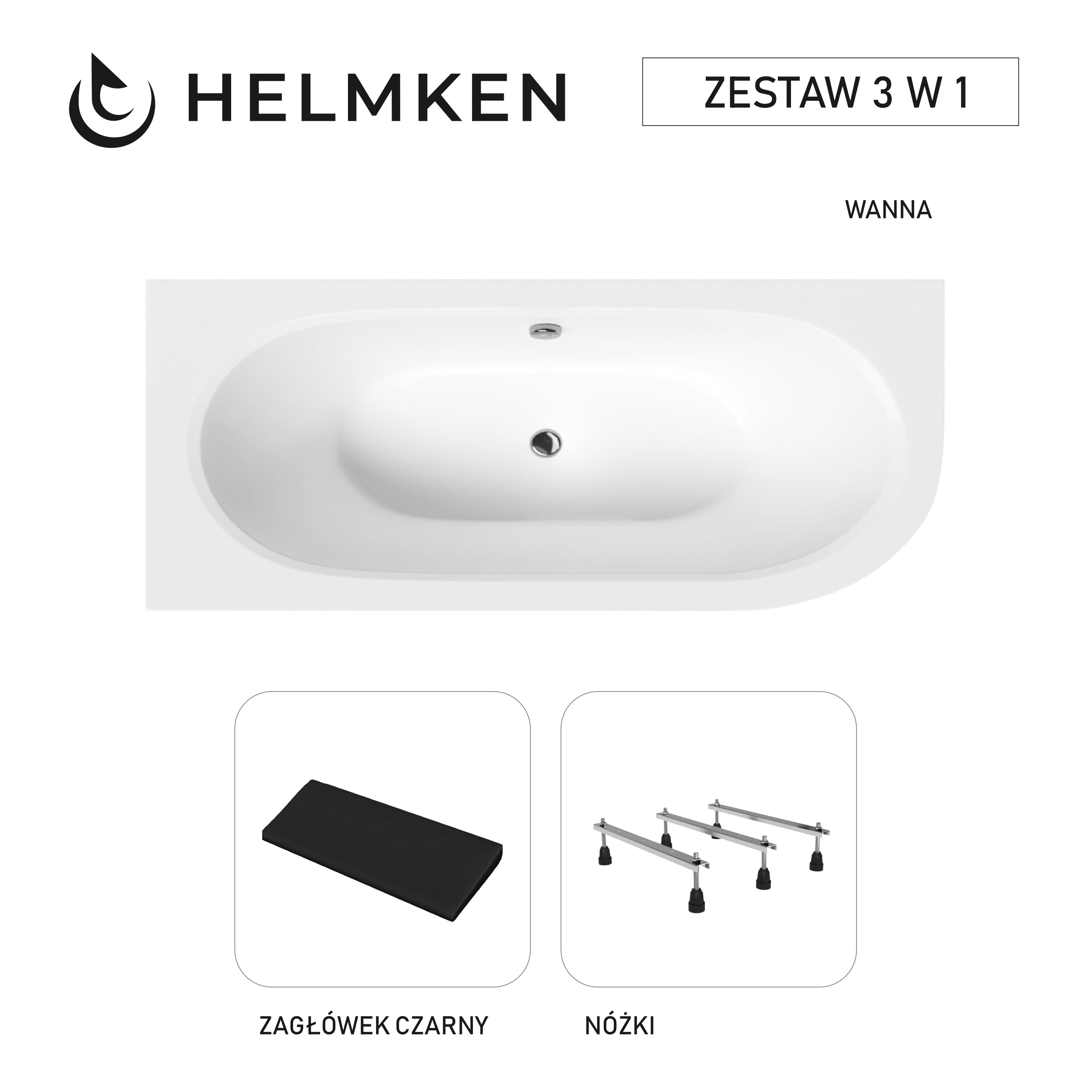Wanna akrylowa Helmken Marbella Lux 150 x 75 Lewa + Zagłówek czarny + Nóżki / 23092002ZСN