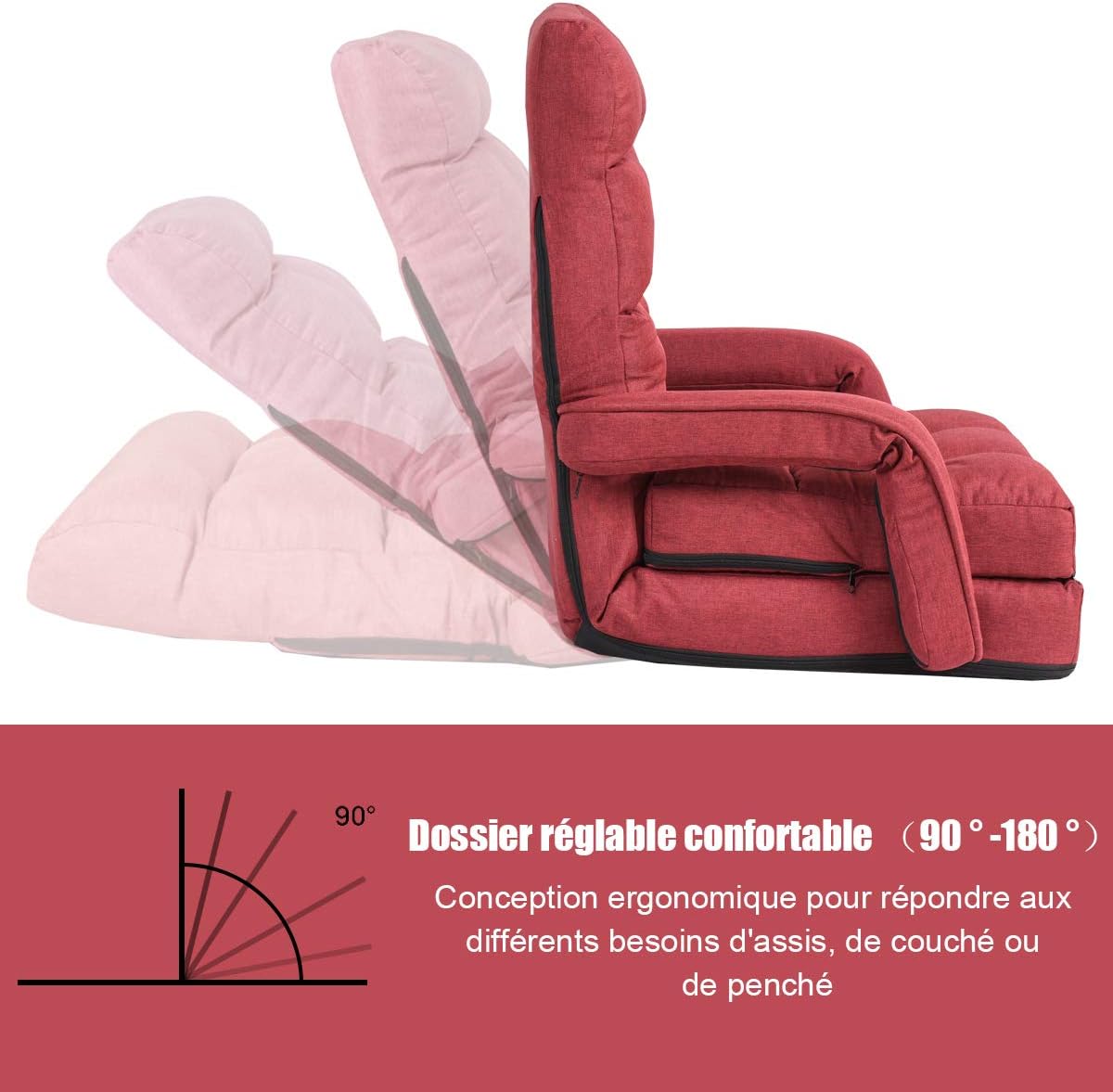 Składana sofa, regulowana, tapicerowana sofa podłogowa, łóżko do leżenia z podłokietnikami i poduszkami, fotel podłogowy, krzesło podłogowe, - 3