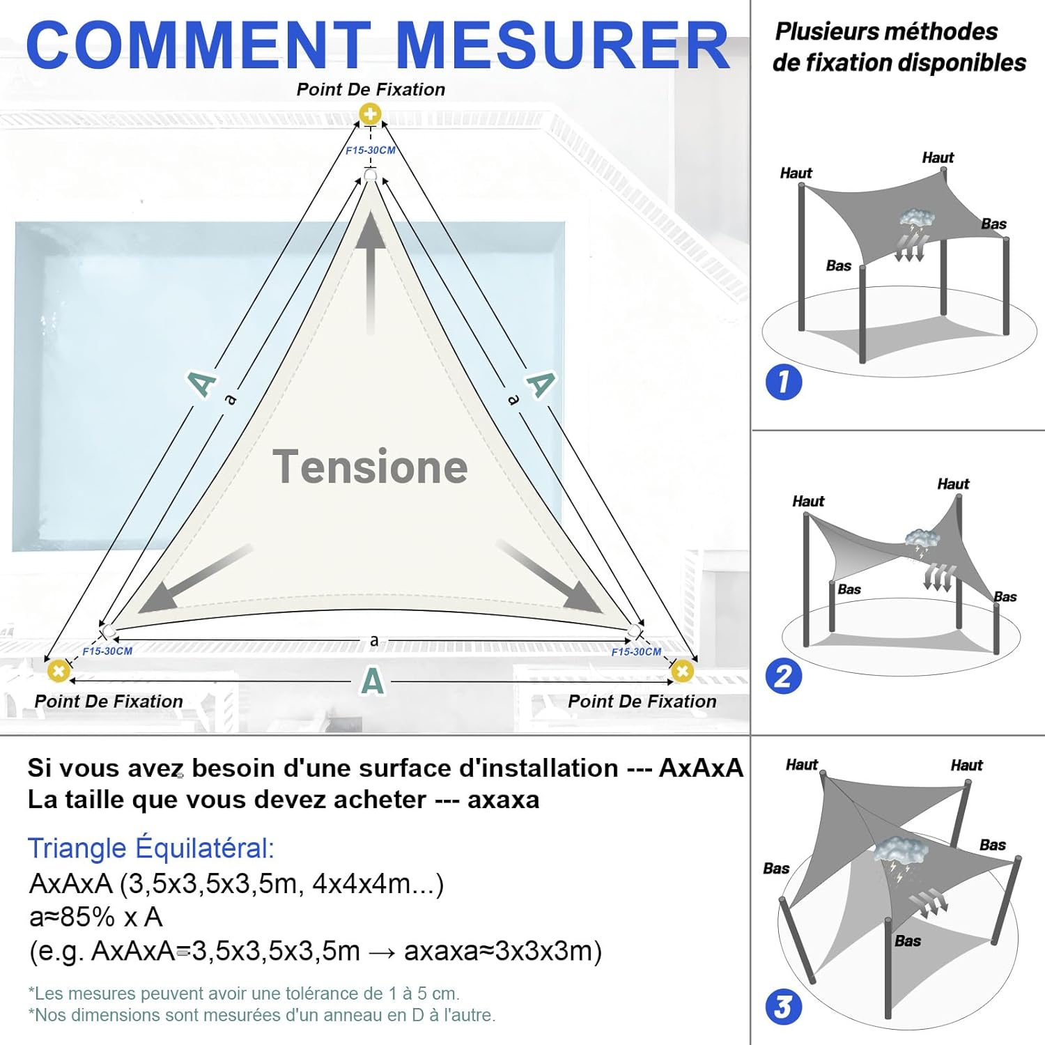 Voile d'ombrage Triangulaire Imperméable 3x3x3m Toile Ombrage PES avec 95% UV Protection pour Patio Extérieur Jardin Terrasse, beige - 5