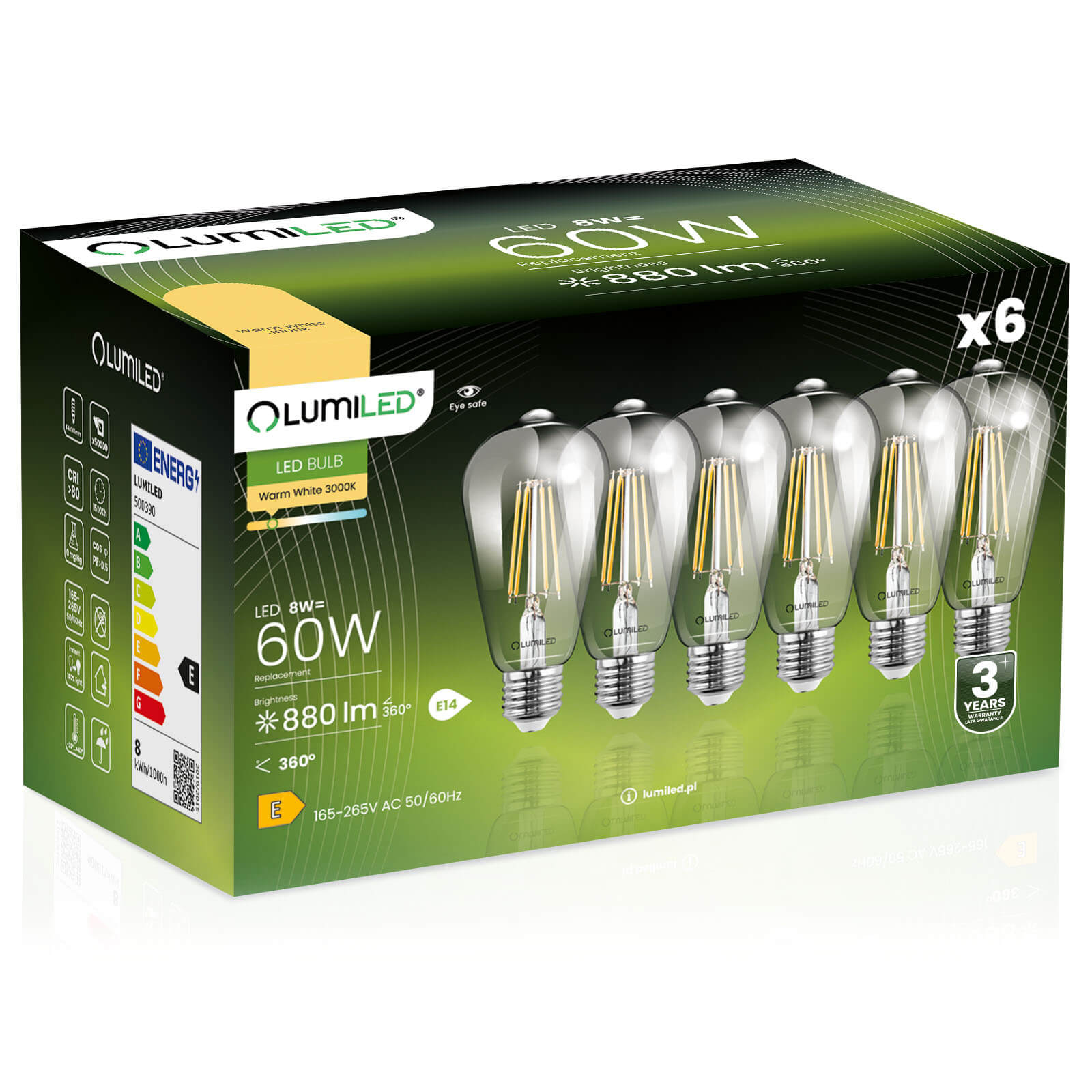 6x Żarówka Lumiled LED E27 Edison ST64 8W = 60W 880lm 3000K Ciepła 360st Filament