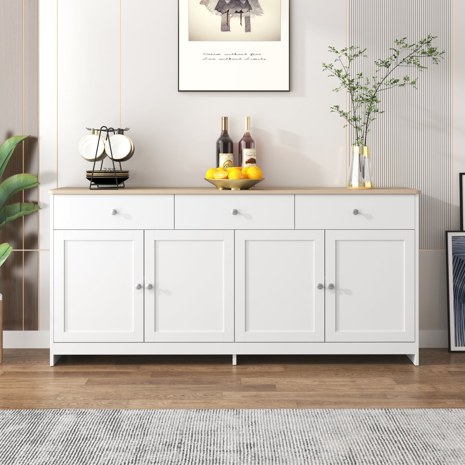 Buffet à 4 portes et 2 tiroirs - comptoir à finition blanche et grain de bois - poignées métal portes à charnières - L160 x P37 x H75 cm - Scandinave - 2