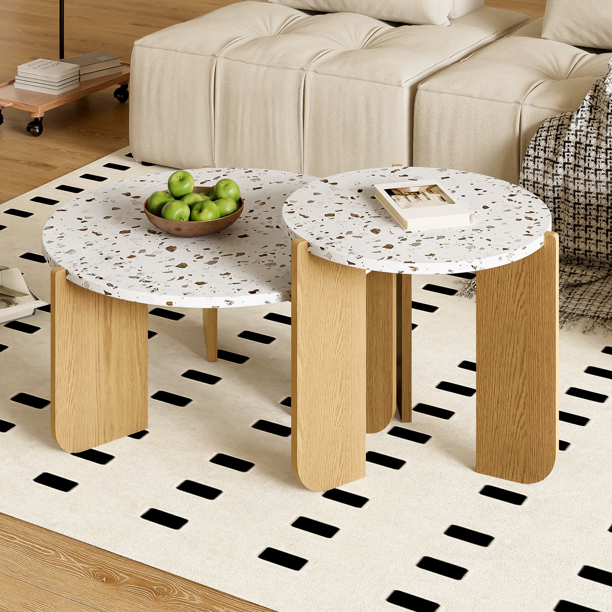 Tables Basses Gigogne Ronde lot de 2, Design Scandinave - Plateau Terrazzo & Pieds en Bois,Table d'appoint pour Petits Espaces,MDF+Naturelle - 4