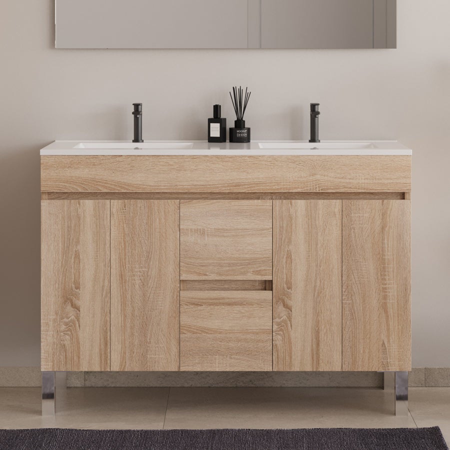 Meuble de salle de bain 120cm double vasque sur pieds avec portes et tiroirs - cambrian (chêne clair) - HARO - 2