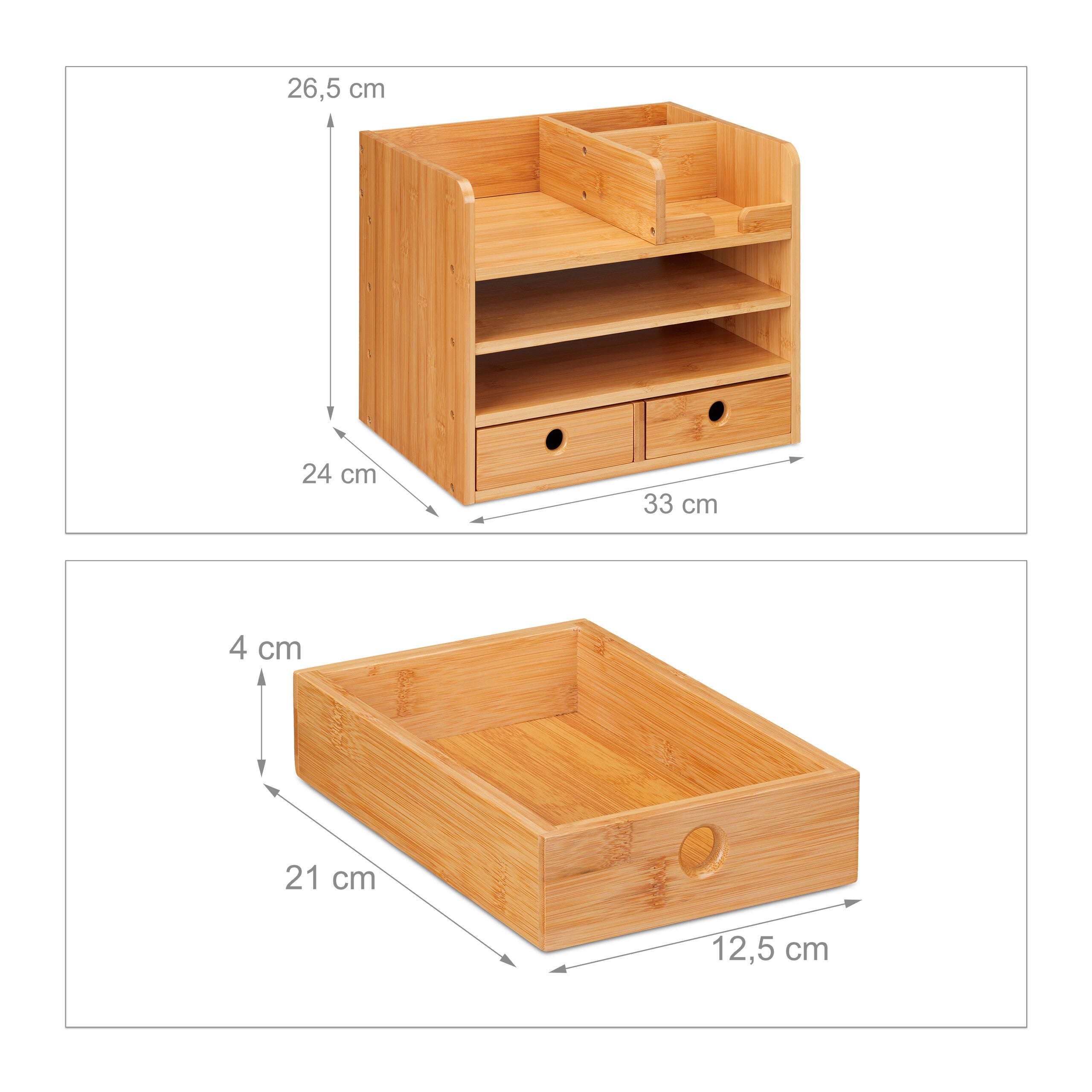 Organisateur de bureau en bambou et MDF, 2 tiroirs et 5 compartiments, 26,5 x 33 x 24 cm, naturel, Relaxdays - 4