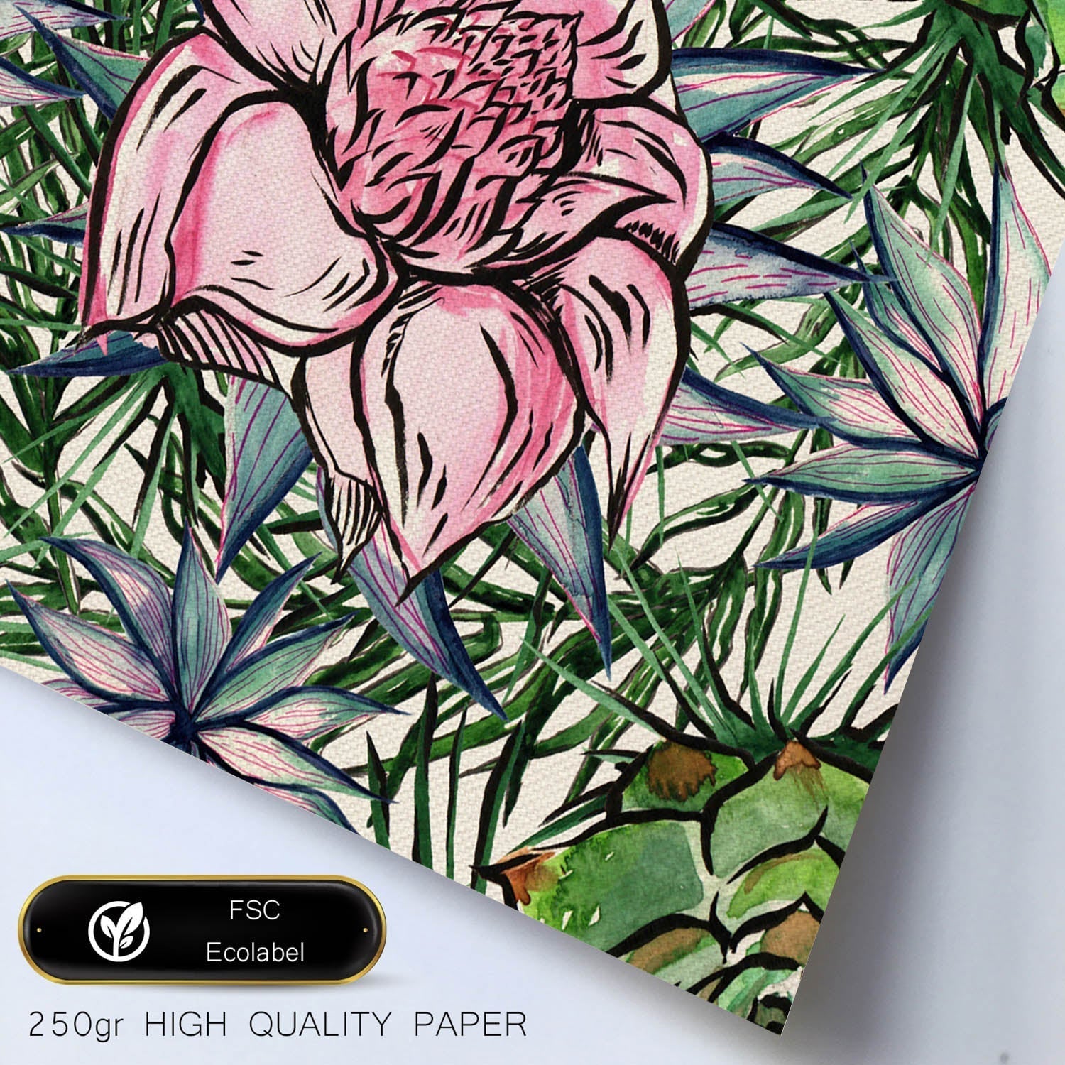 Affiche De Fleur Et De Nature. Square Flor Lamina Réveillée, Illustrée De Dessins De Couleur. Cadre En Bois Clair - 2