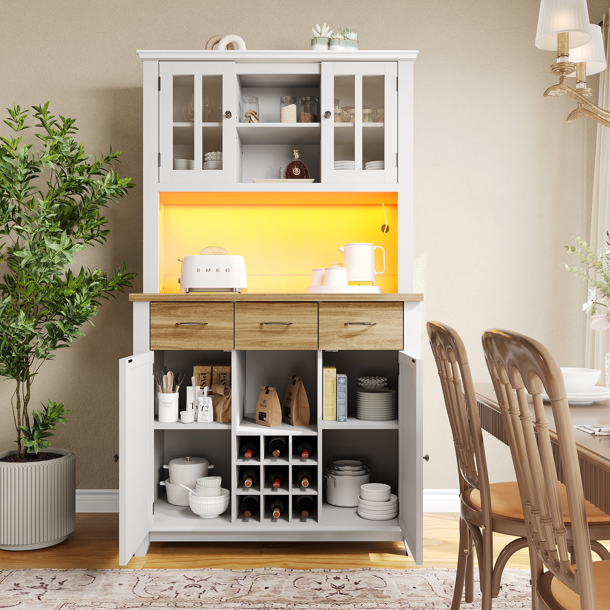 Kredens kuchenny z 4 drzwiami i 3 szufladami - 106 x 40 x 179,5 cm - Płyta MDF - Diody LED - Regulowane półki - Biały