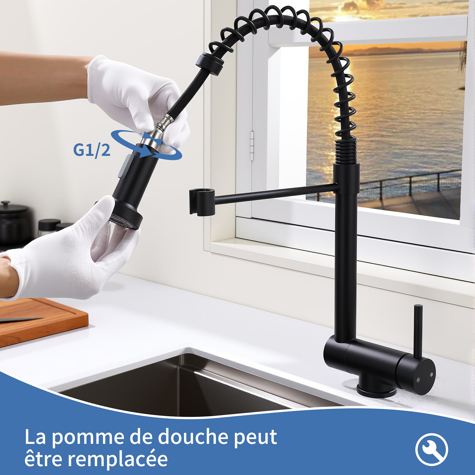 Mitigeur de Cuisine Noir pliable à ressort avec douchette 2 Jets, Robinet de Cuisine d'Evier Rabattable Rotatif à 360° en Inox 304 - 7