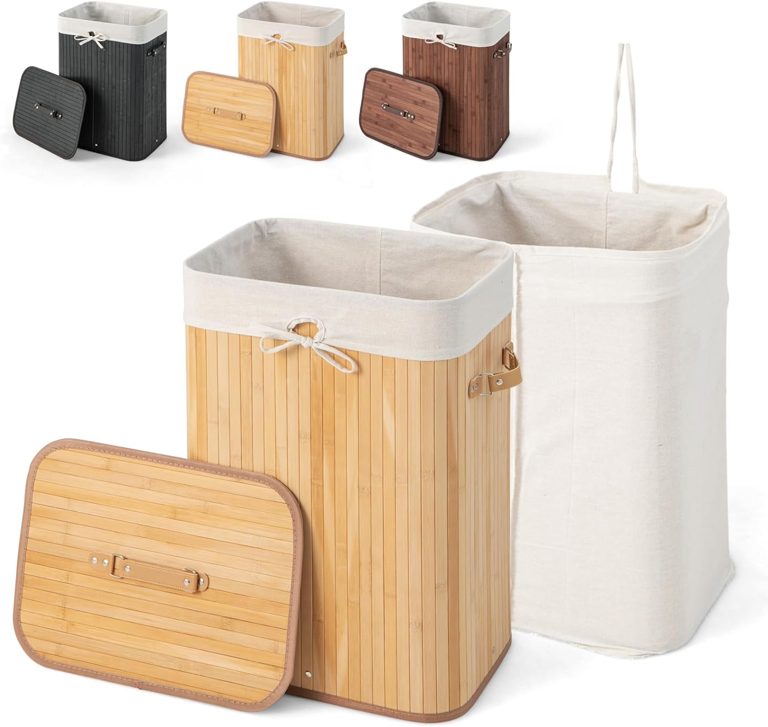 Compactor Panier à Linge Rond en Bambou avec Couvercle, Panier à Linge Pliable pour les Vêtements et le Linge dans les Chambres et les Salles de Bains, Doublure Amovible et Poignées en Compactor Panier à Linge Rond en Bambou avec Couvercle, Panier à Linge Pliable pour les Vêtements et le Linge dans les Chambres et les Salles de Bains, Doublure Amovible et Poignées en