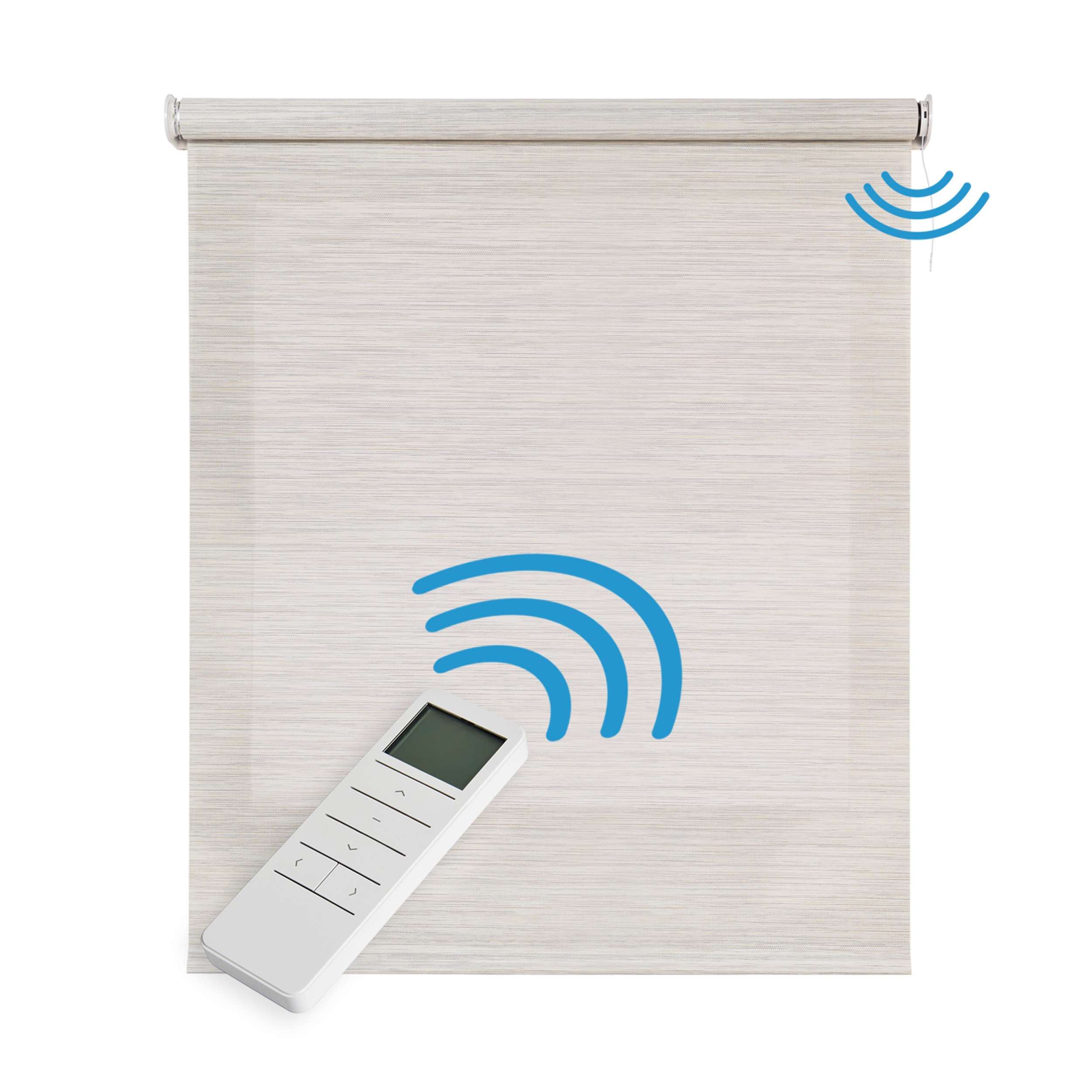 Estores enrollables motorizados screen premium con acabados en aluminio tejido técnico con motor y mando gris-beige 240x250 cm