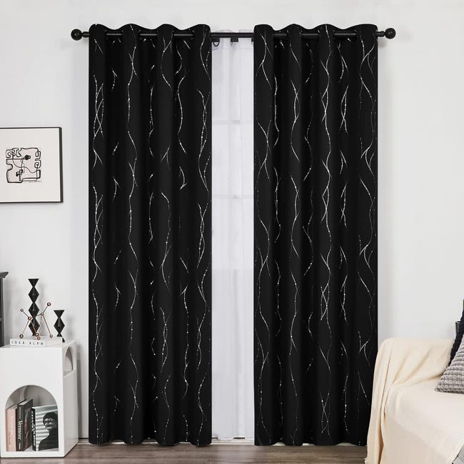 HOMEIDEAS Tende Oscuranti Grigio Chiaro 132x160 Cm: 2 Pannelli Con Linee Ondulate Argentate E Pois, Termiche E Isolanti