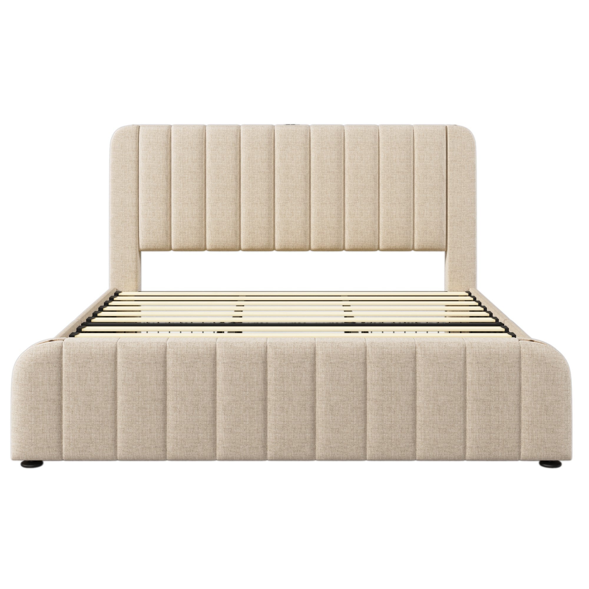 Lit pour adulte, capitonné 180*200 cm, avec bordure dorée et recharge USB Type-C, en lin beige, avec 4 tiroirs. - 6