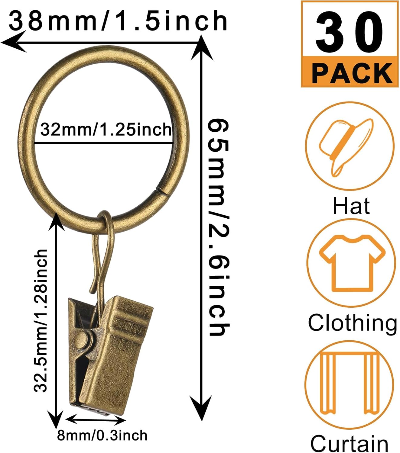 AMZSEVEN - Confezione da 100 anelli metallici per tende con clip, diametro interno 2,5 cm, adatti per aste di diametro di 1,9 cm, colore: bianco