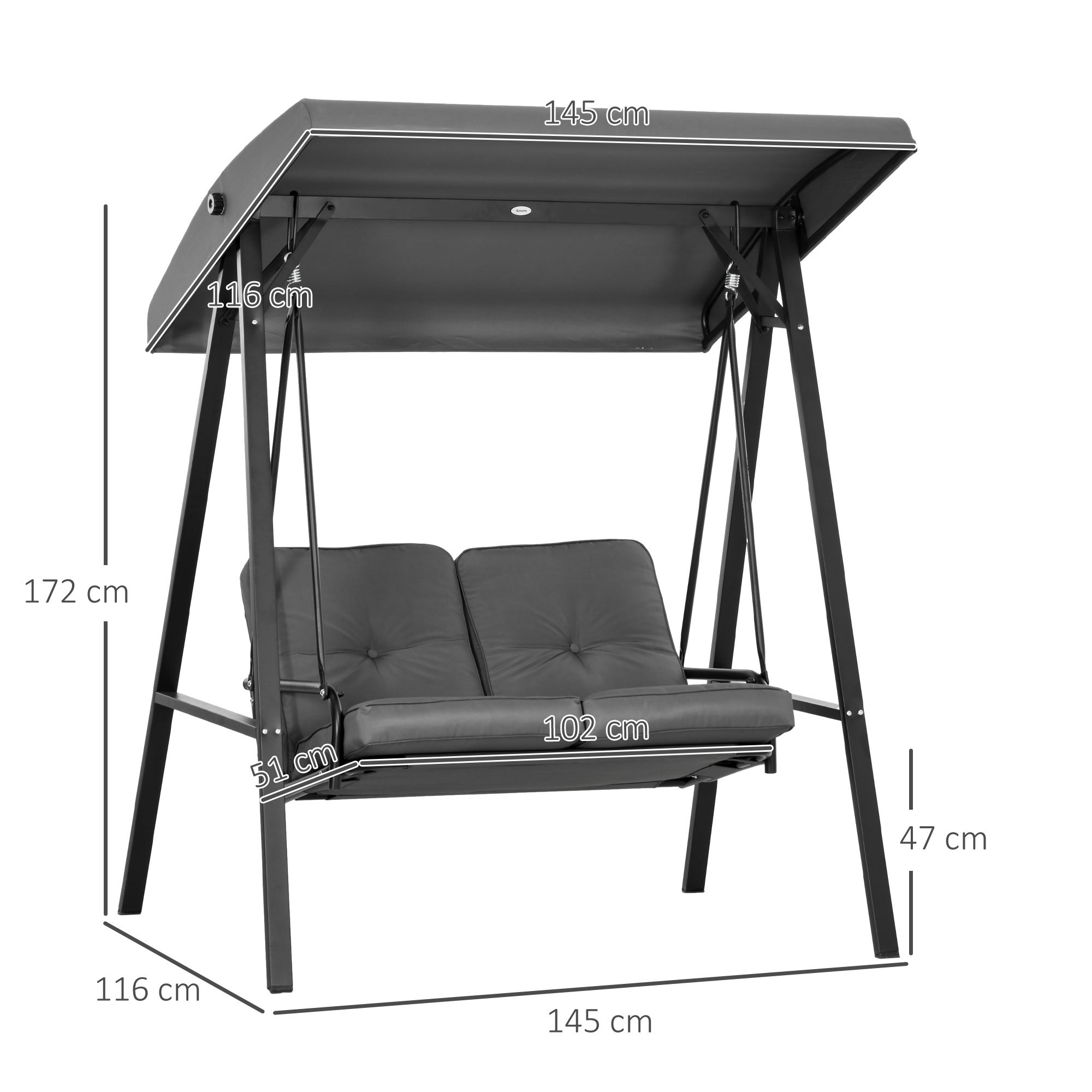 Balançoire Hollywood, balancelle de jardin 2 places avec auvent réglable, charge maximale 220 kg, 145 x 116 x 172 cm, gris foncé - 5