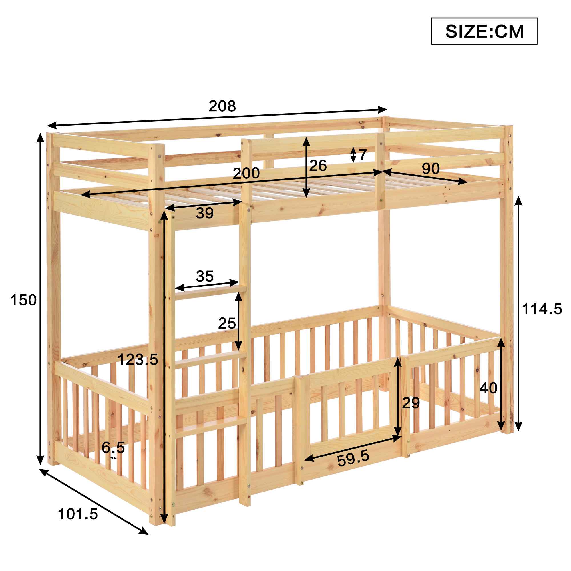 Lit superposé avec escalier droit, lit avec barrières et petite porte, lit bébé avec protection anti-chute et barreaux, bois massif, (200 x 90 cm) - 5