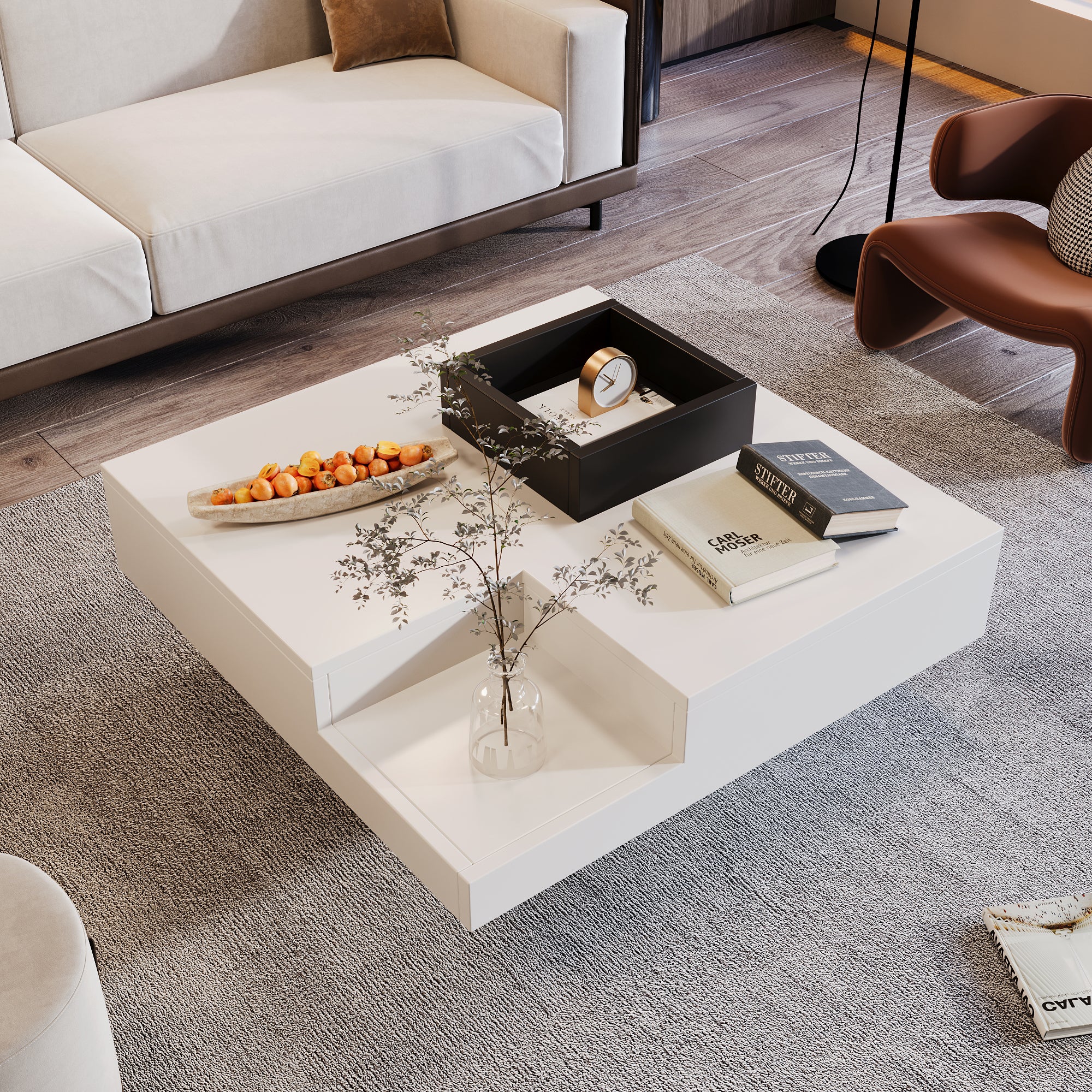 Tavolino quadrato 72x72x30 cm con scatola portaoggetti rimovibile, in MDF, bianco - 3