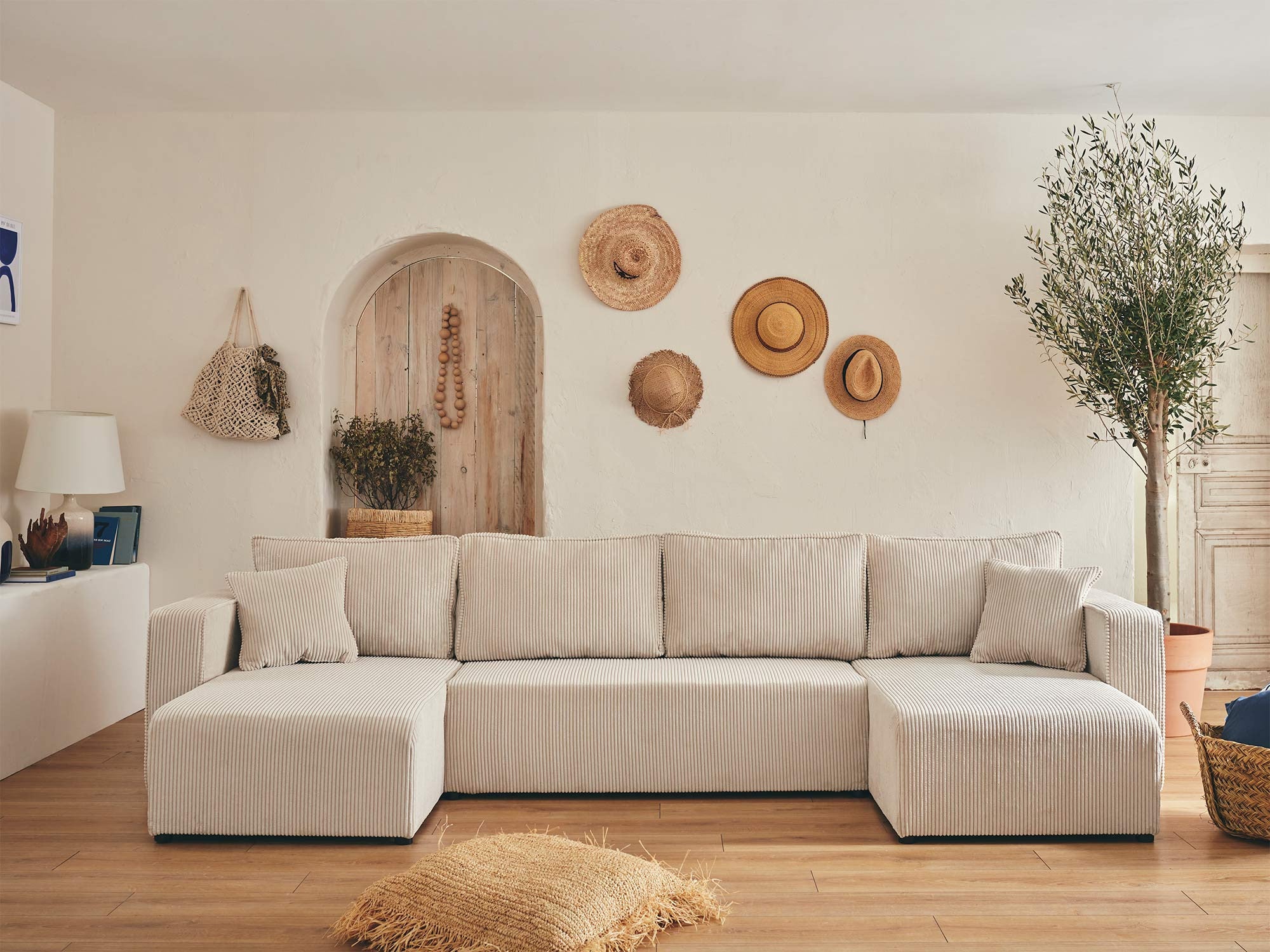 Canapé panoramique 7 places En U en Velours côtelé Beige - TOPAZE - Best Mobilier - 6