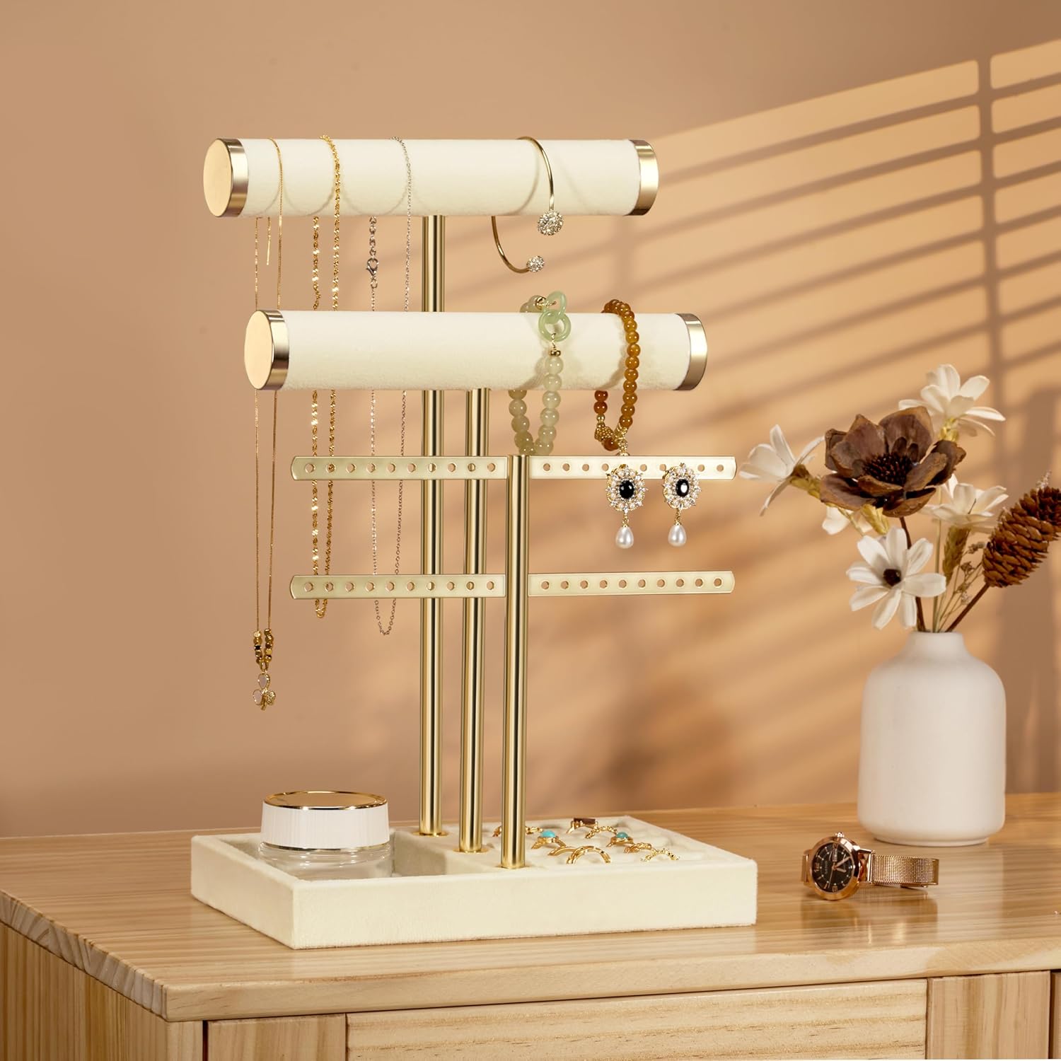 Organisateur de Bijoux à 3 Niveaux - Porte-Bijoux Beige - Support de Bijoux Amovible en T - Porte-Bracelets en Velours - 2
