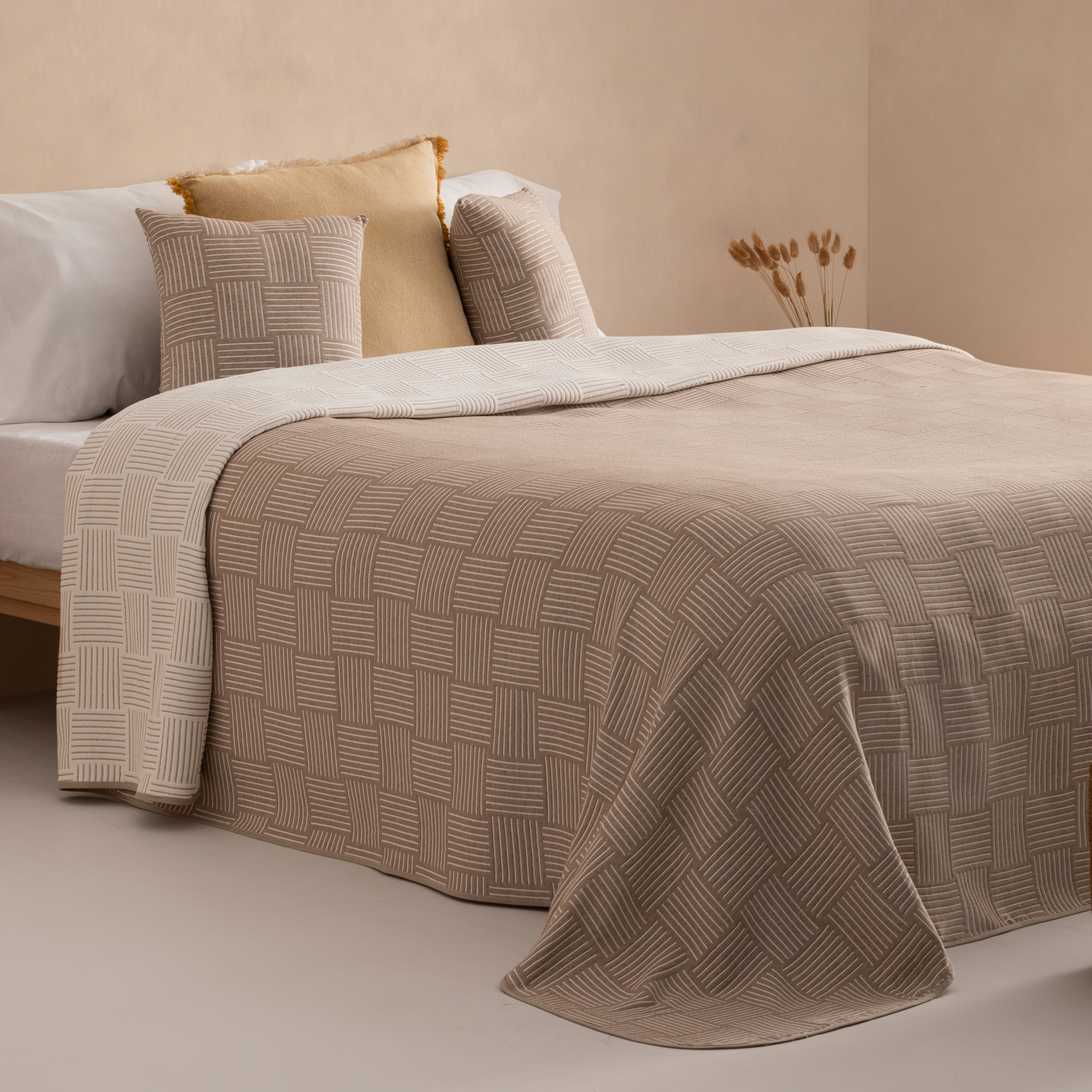 Colcha cama 80/90 cm ligera entretiempo primavera verano geométrica jacquard algodón transpirable, 180x270 cm, color beige