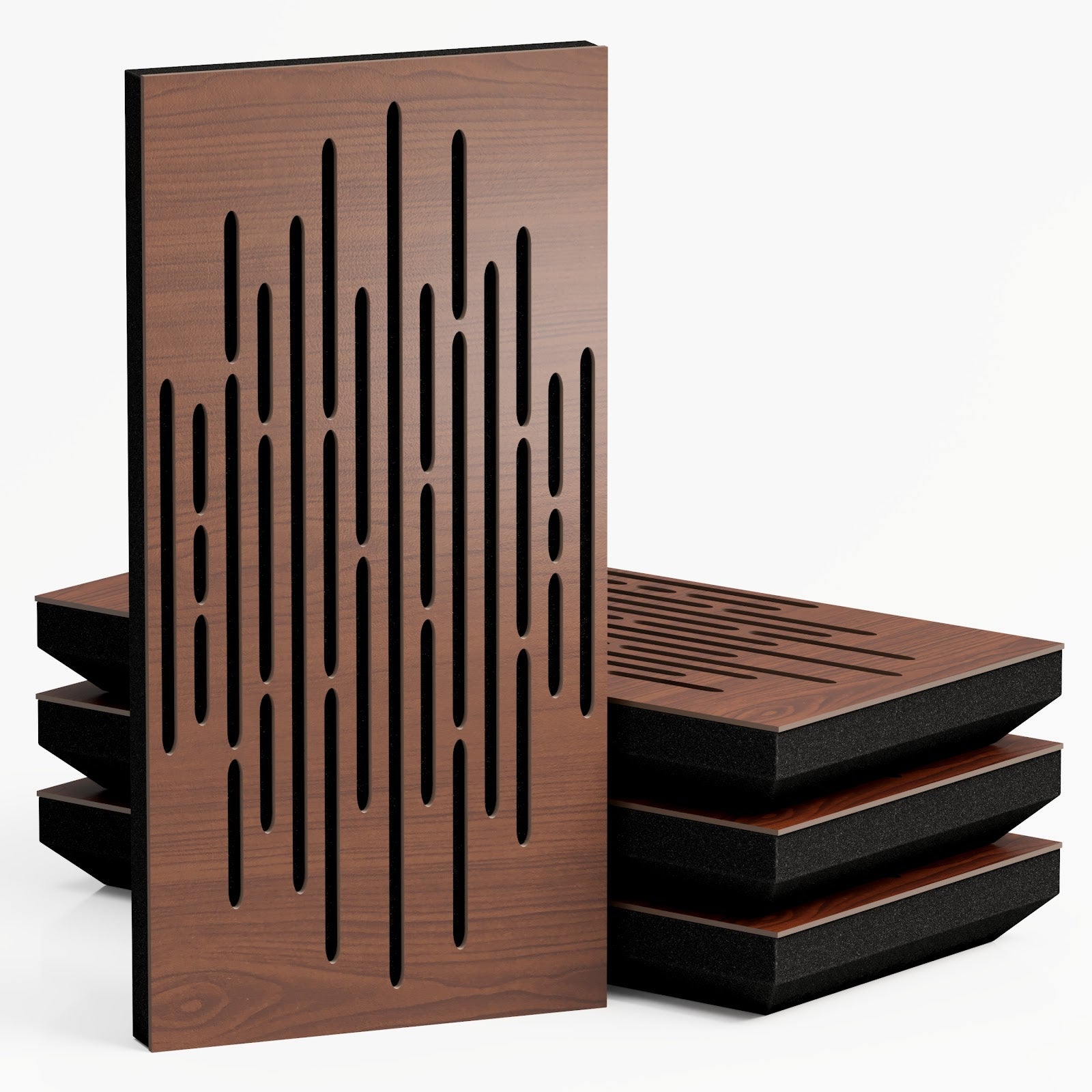 Lot de 4 Panneaux acoustiques étroits insonorisants WAVE 50x25x3 cm -0,5 m²surf.totale -MDF perforé laminé et mousse acoustique -Noix - 2