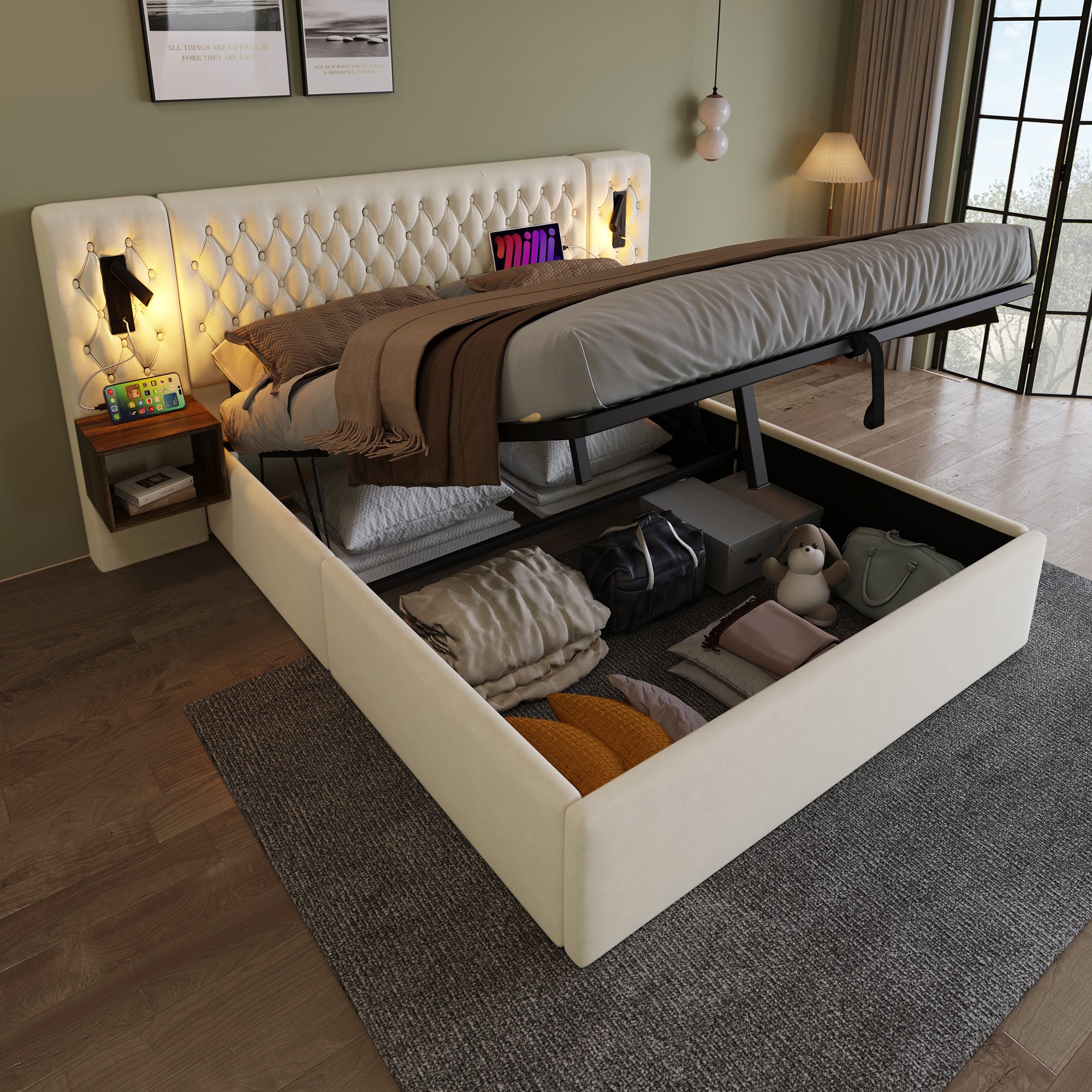Lit hydraulique 180 x 200 cm, avec table de nuit, liseuse, fonction de recharge USB, beige - 2